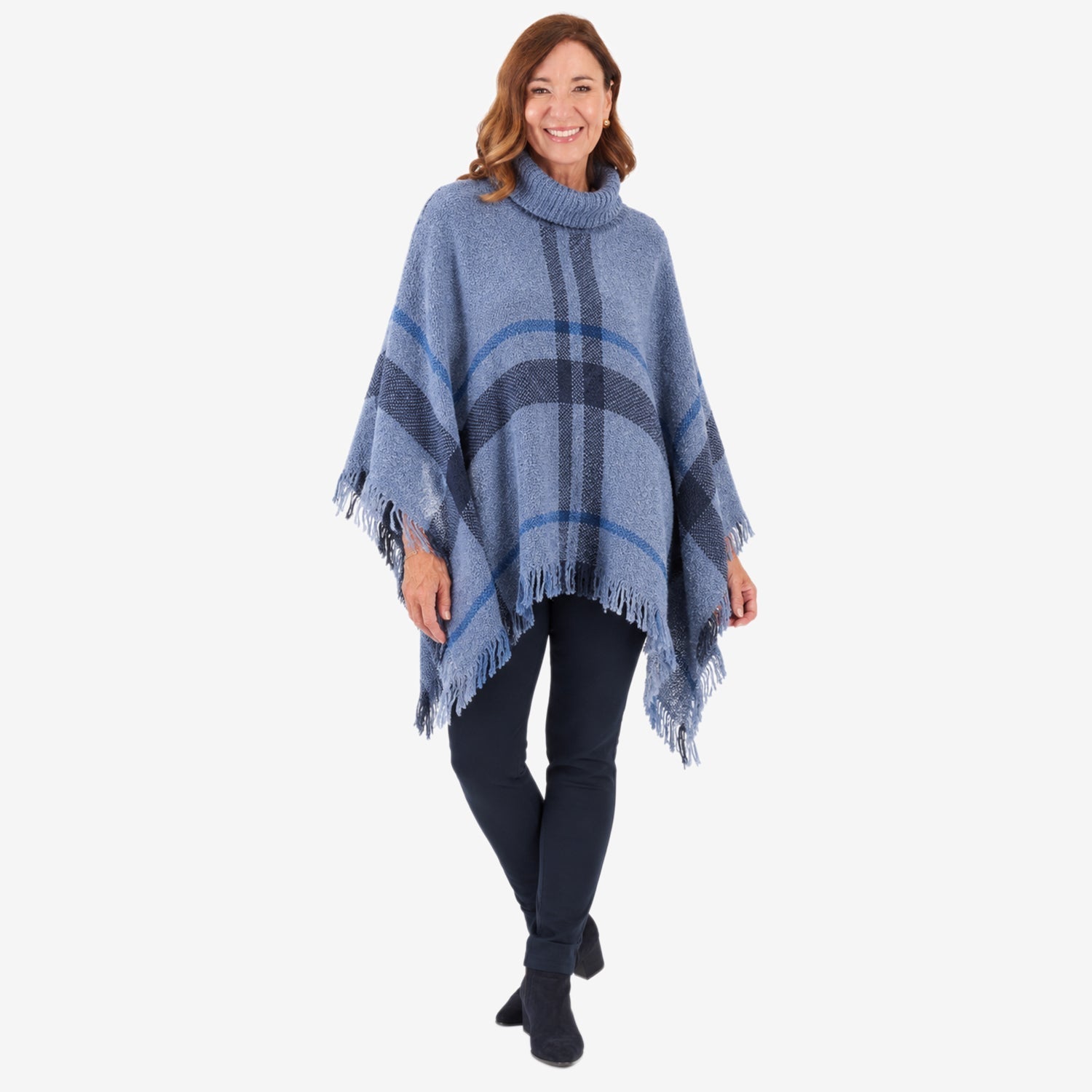 Poncho à carreaux tweed Sugar Crisp pour femme avec col roulé et ourlet à franges