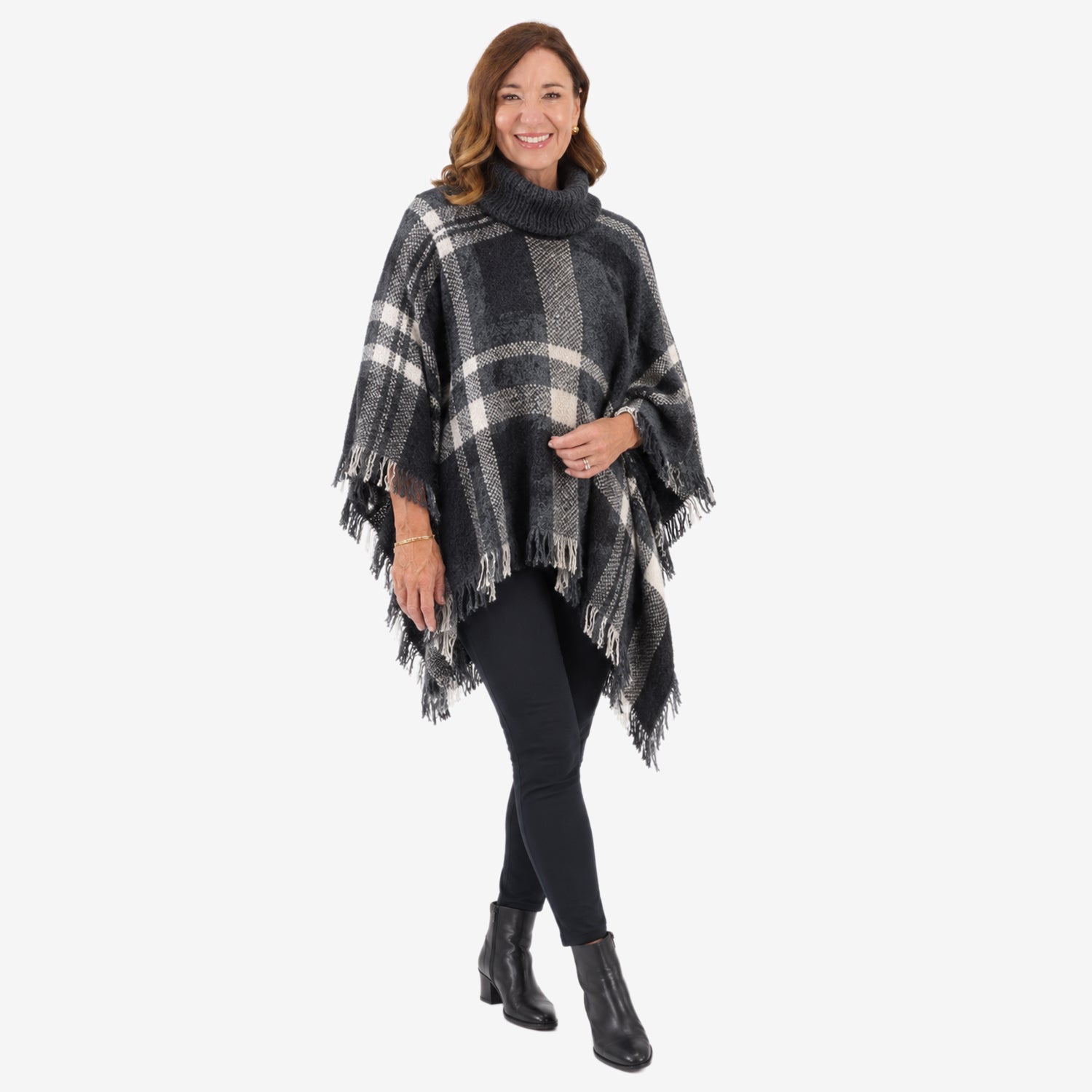 Poncho à carreaux tweed Sugar Crisp pour femme avec col roulé et ourlet à franges