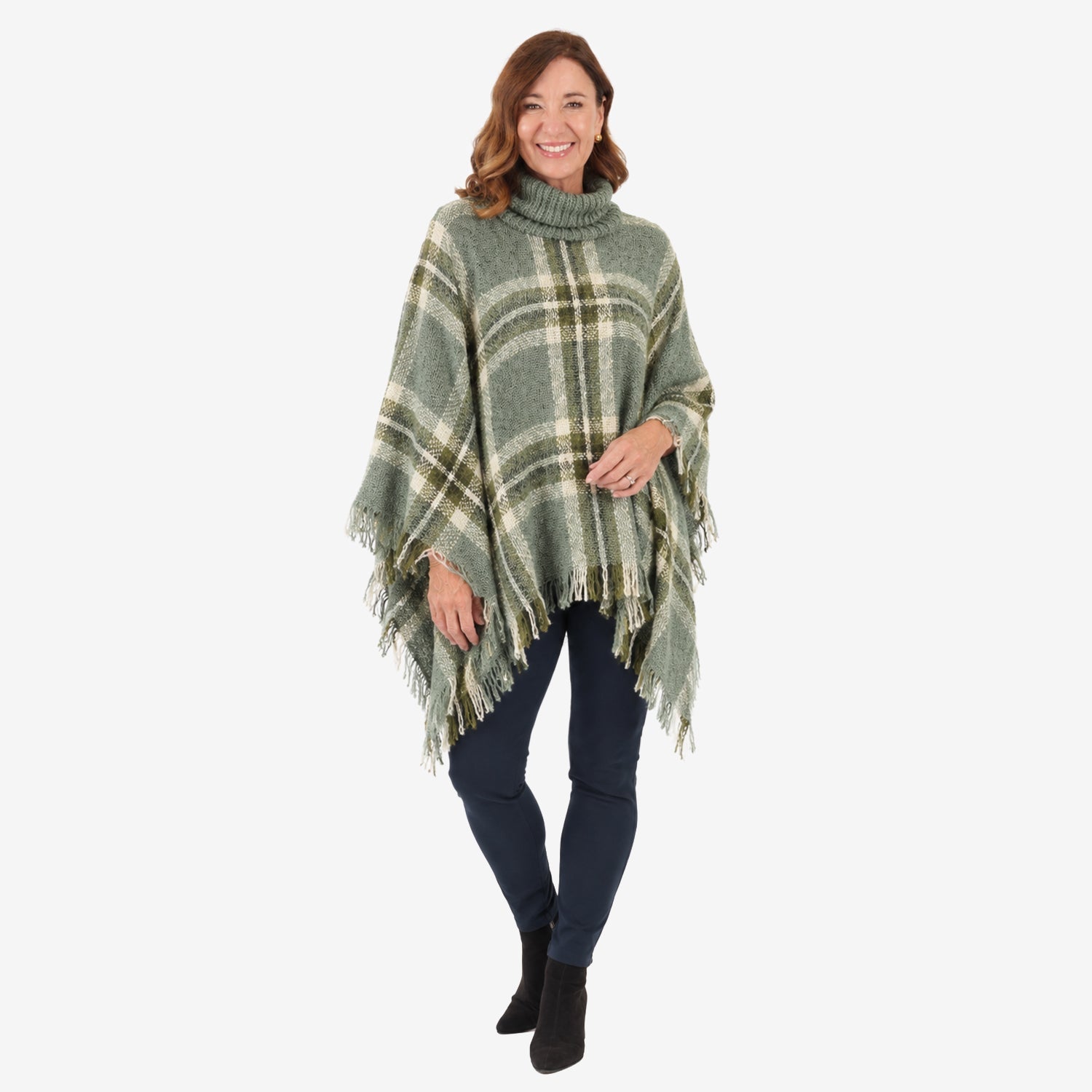 Poncho à carreaux tweed Sugar Crisp pour femme avec col roulé et ourlet à franges