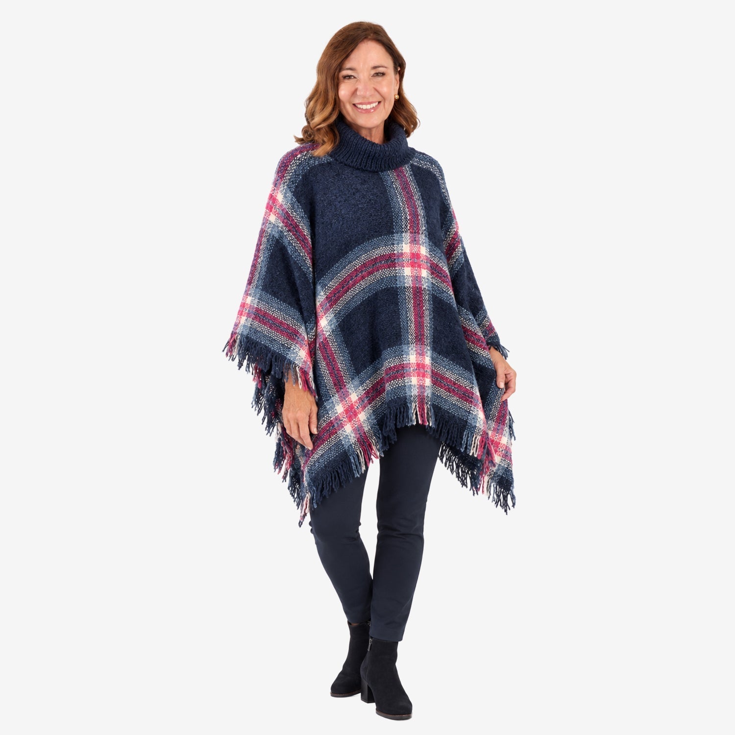 Poncho à carreaux tweed Sugar Crisp pour femme avec col roulé et ourlet à franges
