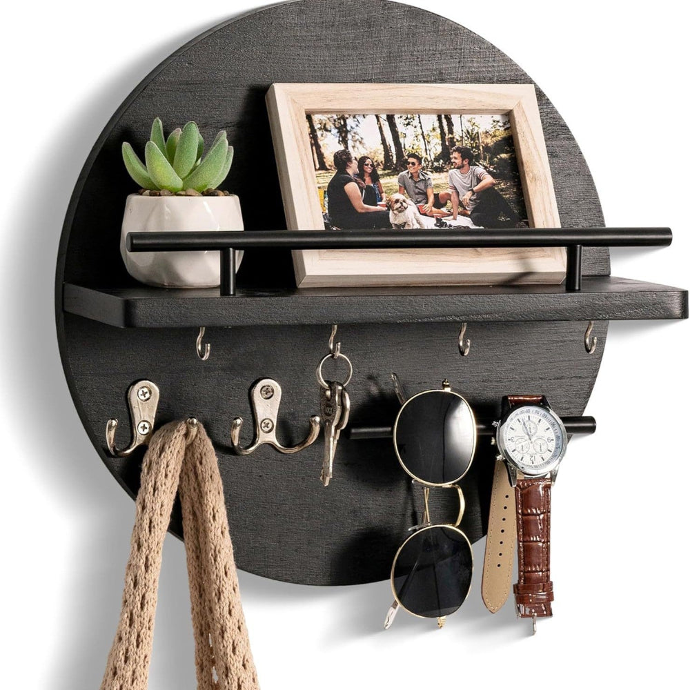 Porte-clés mural rond en bois avec étagère et crochets, organiseur d'entrée avec barre métallique pour courrier et clés