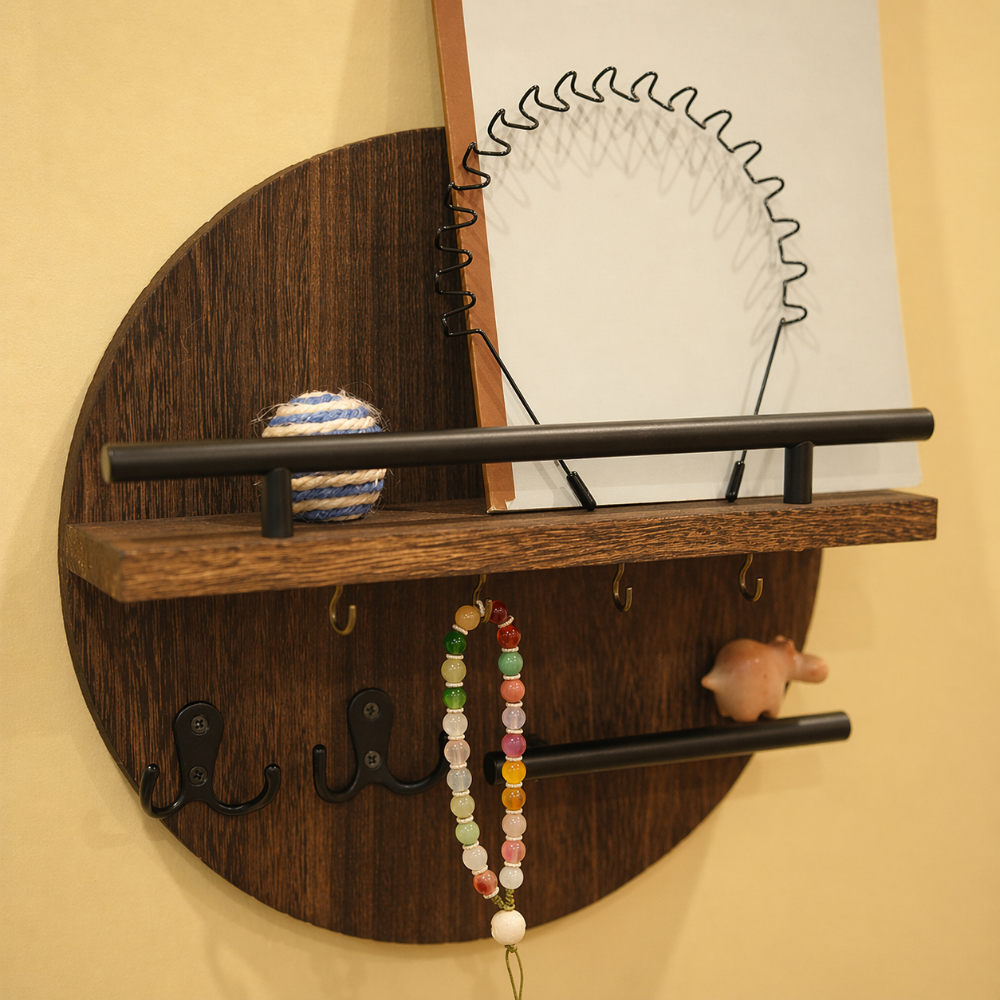 Porte-clés mural rond en bois avec étagère et crochets, organiseur d'entrée avec barre métallique pour courrier et clés