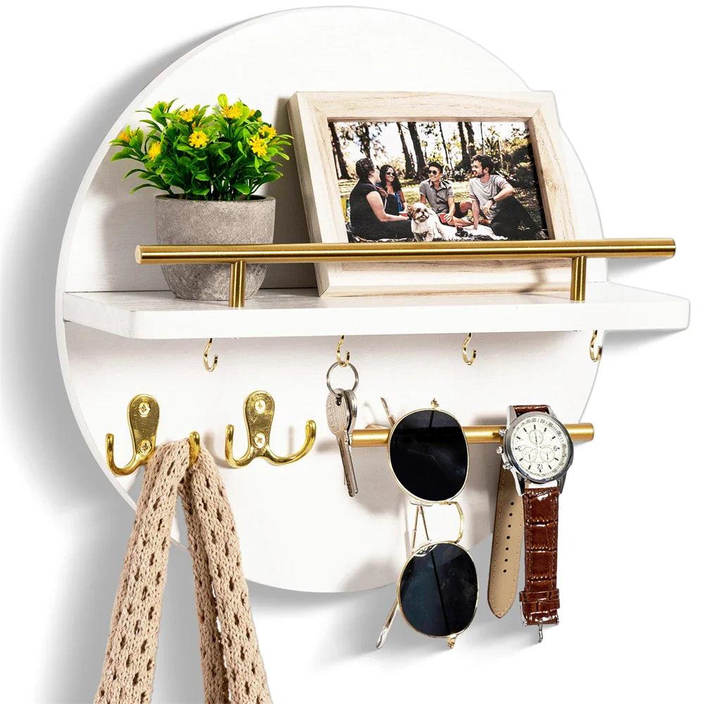 Porte-clés mural rond en bois avec étagère et crochets, organiseur d'entrée avec barre métallique pour courrier et clés