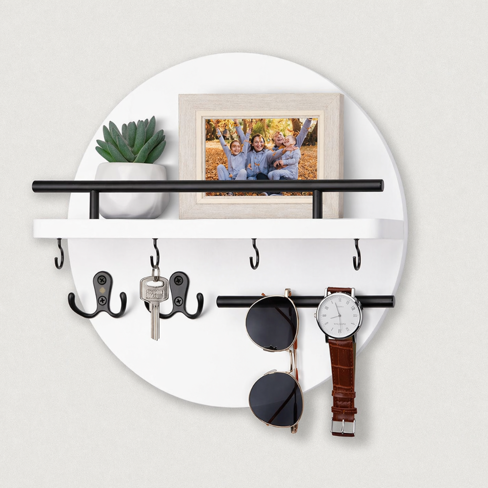 Porte-clés mural rond en bois avec étagère et crochets, organiseur d'entrée avec barre métallique pour courrier et clés