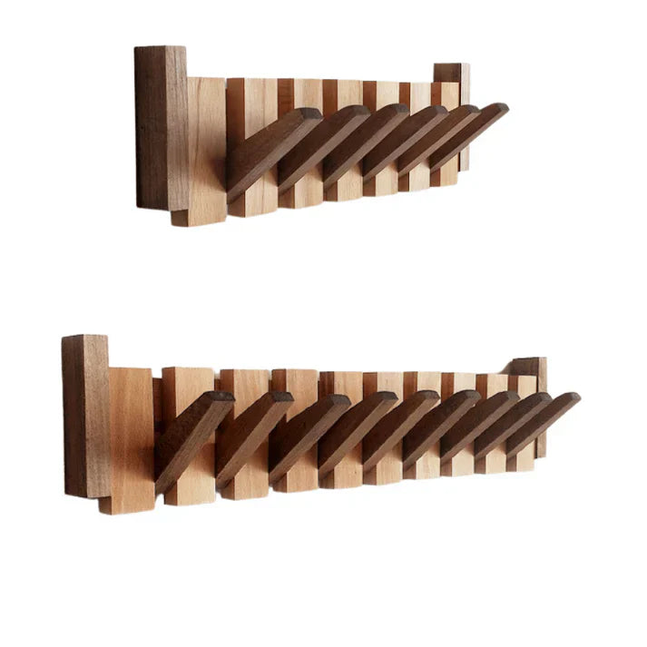 Porte-manteau mural en bois avec crochets rabattables design touches de piano, noyer ou hêtre, 4, 6 ou 8 crochets