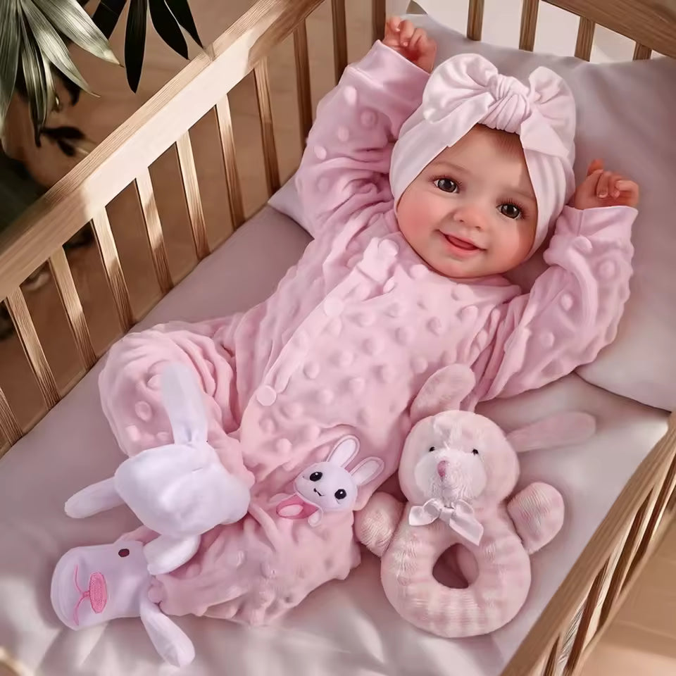 Poupée Reborn de 43 cm – Vinyle souple réaliste, articulée, nouveau-né souriant avec accessoires