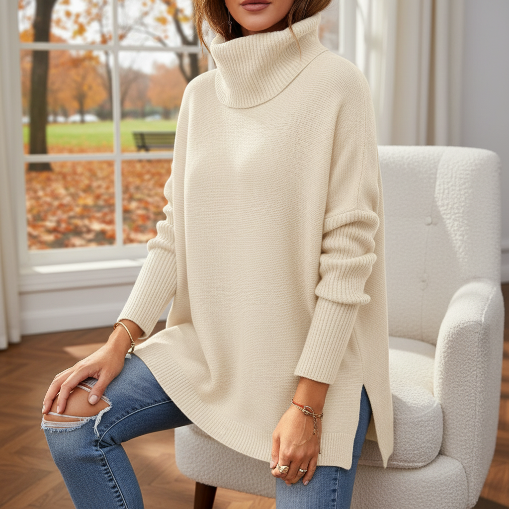 Pull col roulé femme, maille oversize avec manches côtelées et fentes latérales, 9 coloris, tailles S à 2XL