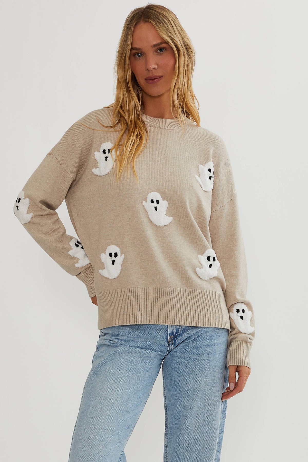 Pull en maille à appliqués fantômes pour femme - Pull à manches longues confortable