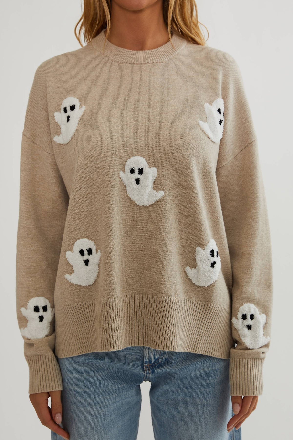 Pull en maille à appliqués fantômes pour femme - Pull à manches longues confortable