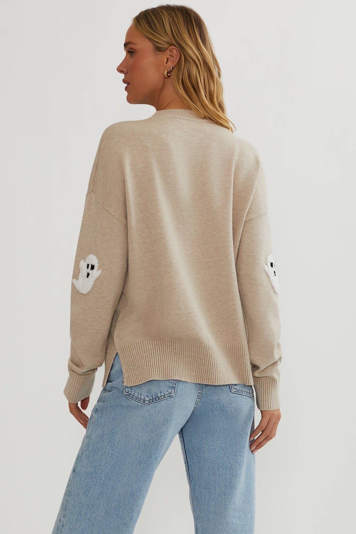 Pull en maille à appliqués fantômes pour femme - Pull à manches longues confortable
