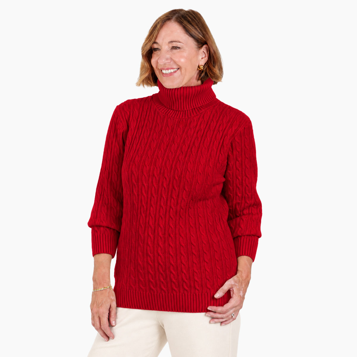 Pull femme col roulé à torsades avec manches longues et finitions côtelées