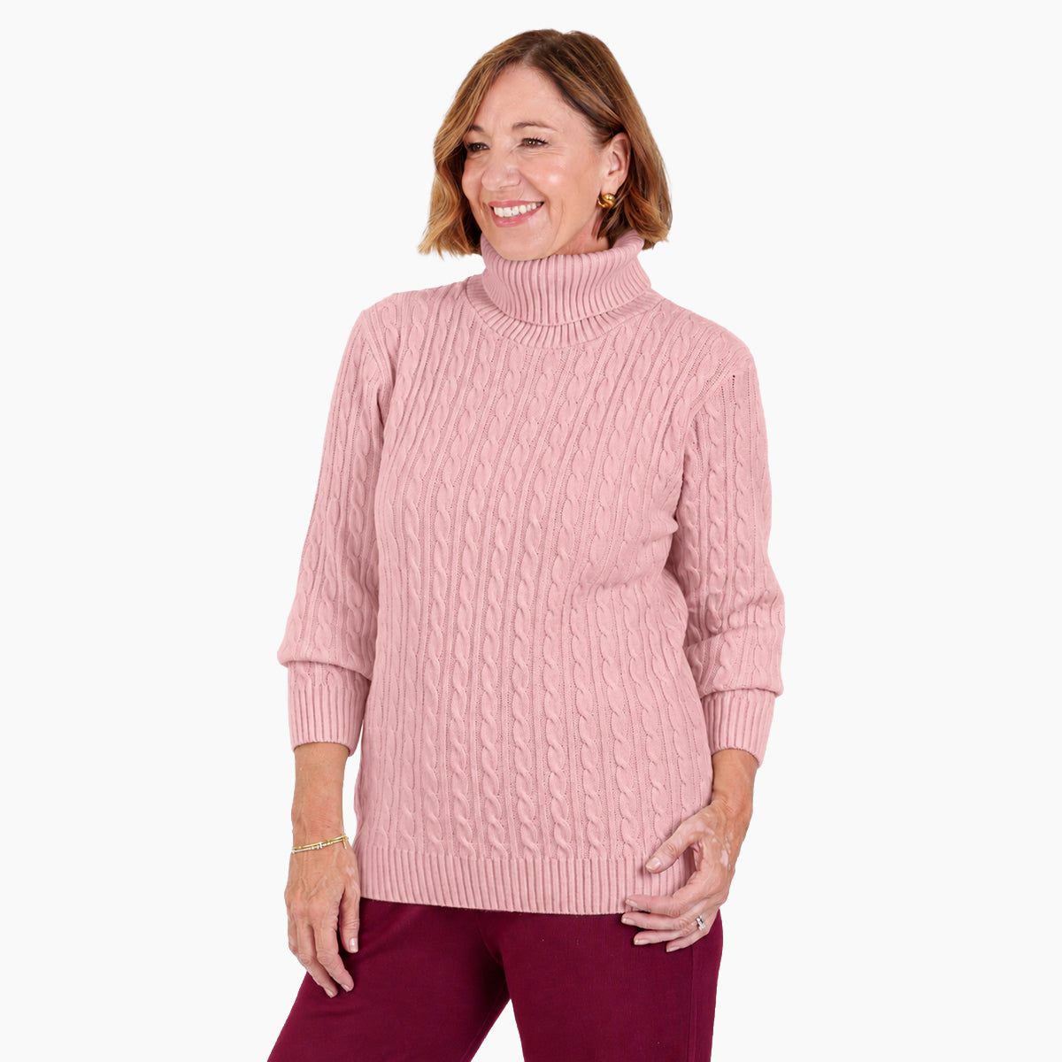Pull femme col roulé à torsades avec manches longues et finitions côtelées