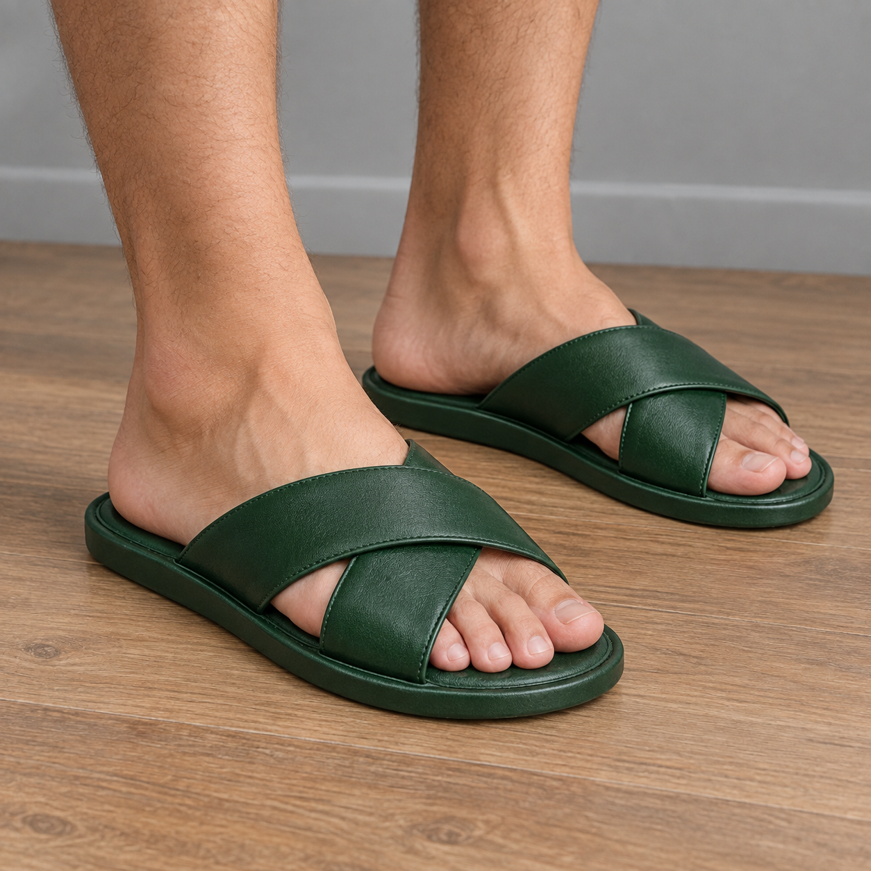 NARSAGO Men's Green Cross-Strap Slide Sandals