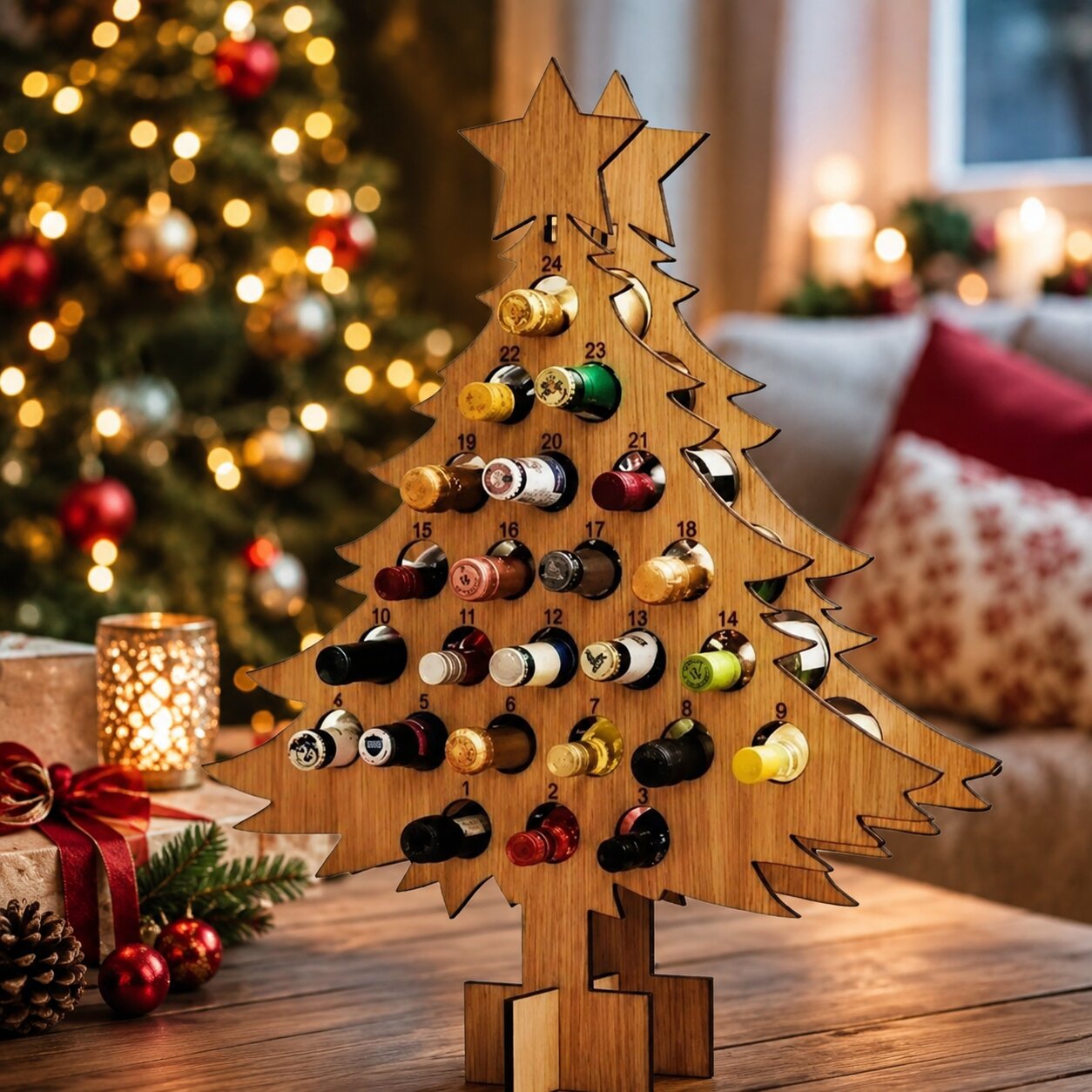 Support calendrier de l'Avent en bois 24 emplacements pour bouteilles de vin et bière
