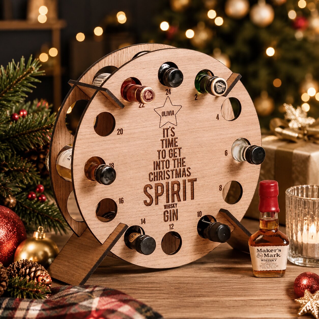 Support calendrier de l'Avent en bois 24 emplacements pour bouteilles de vin et bière