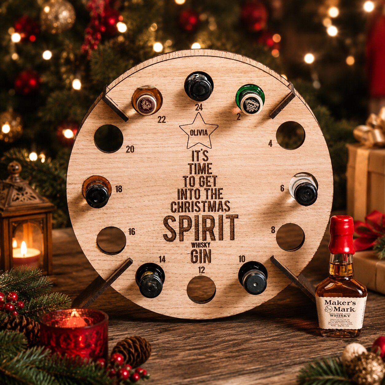 Support calendrier de l'Avent en bois 24 emplacements pour bouteilles de vin et bière