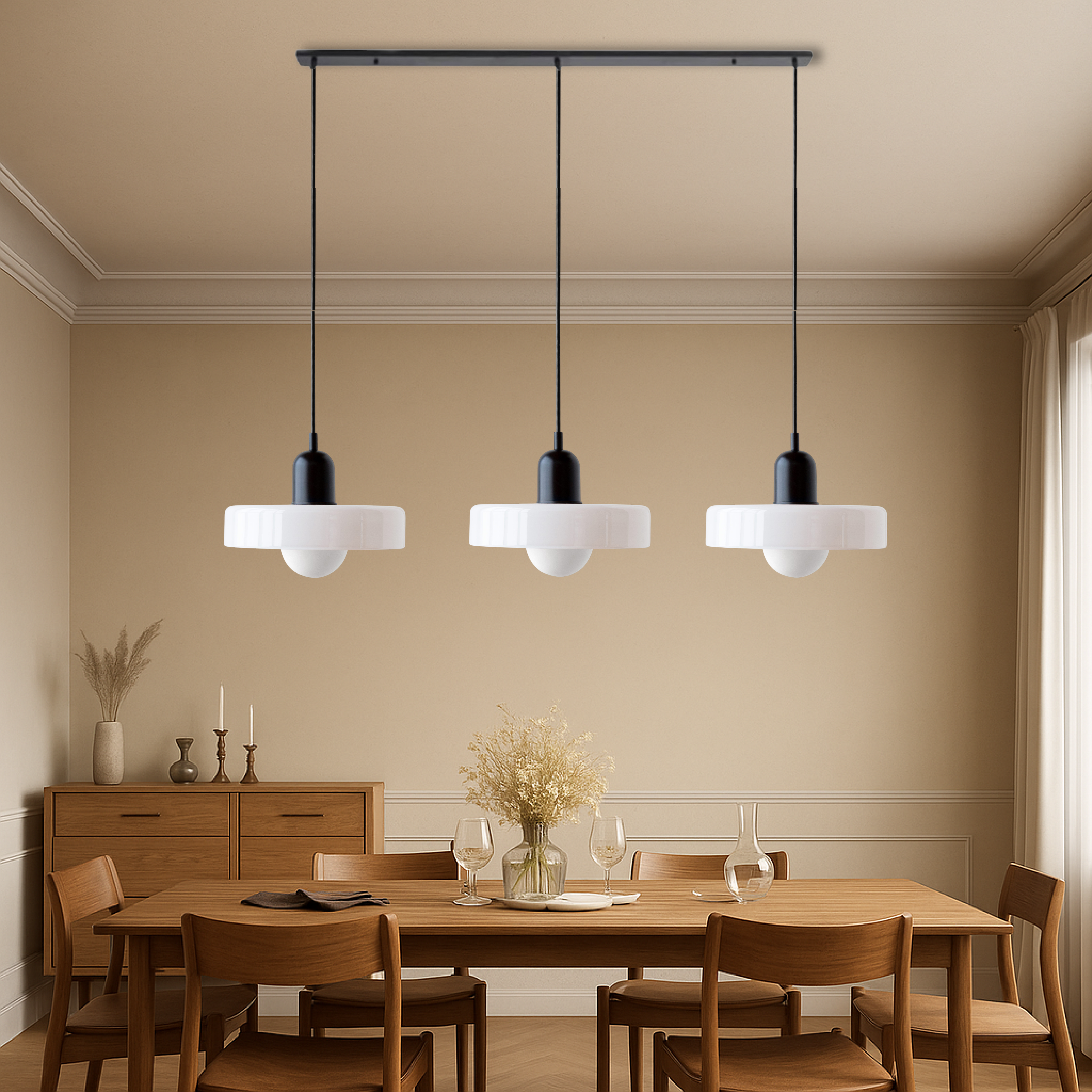 Suspension Bauhaus 3 lumières — Abat-jours en verre coloré, ampoules G9, éclairage blanc chaud