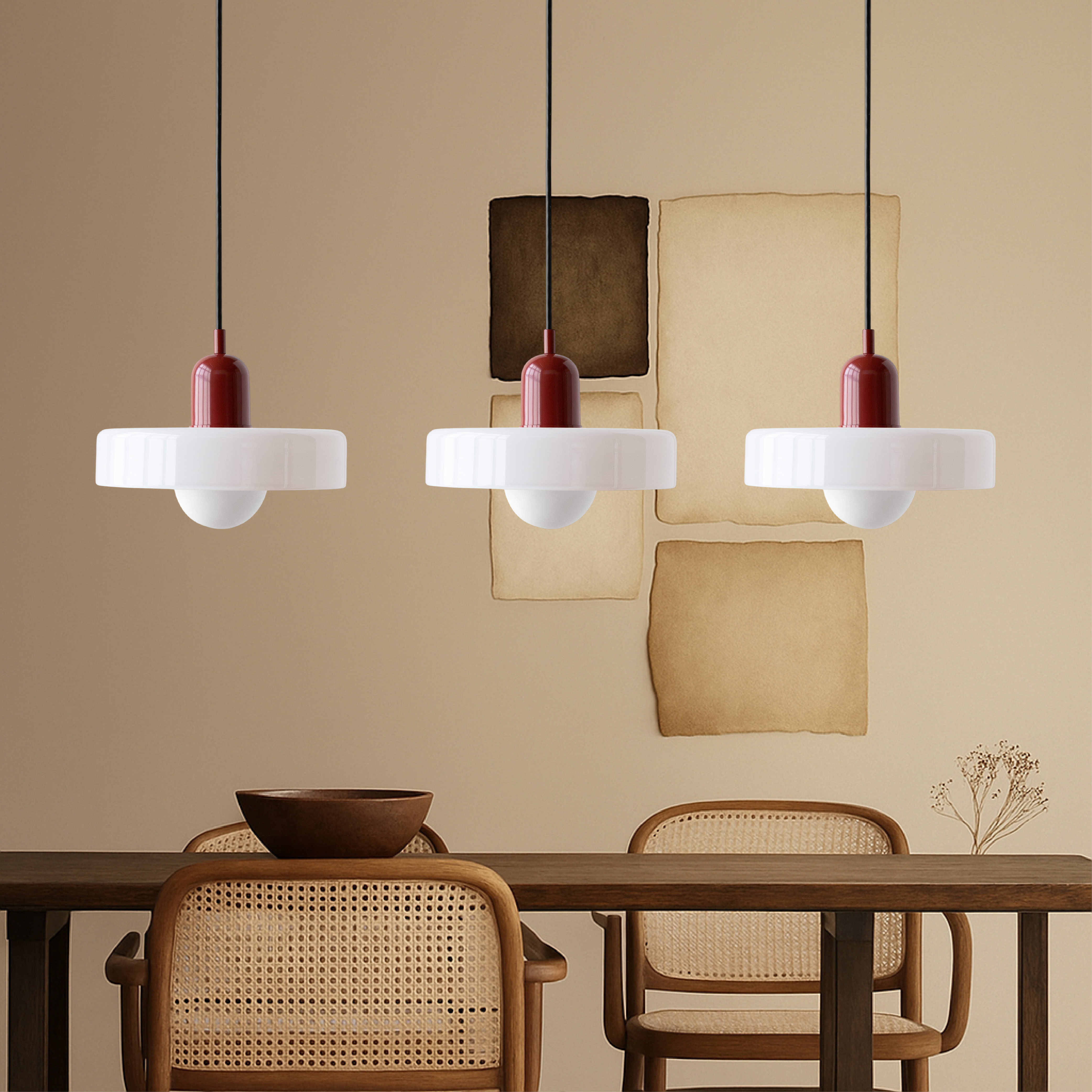 Suspension Bauhaus 3 lumières — Abat-jours en verre coloré, ampoules G9, éclairage blanc chaud