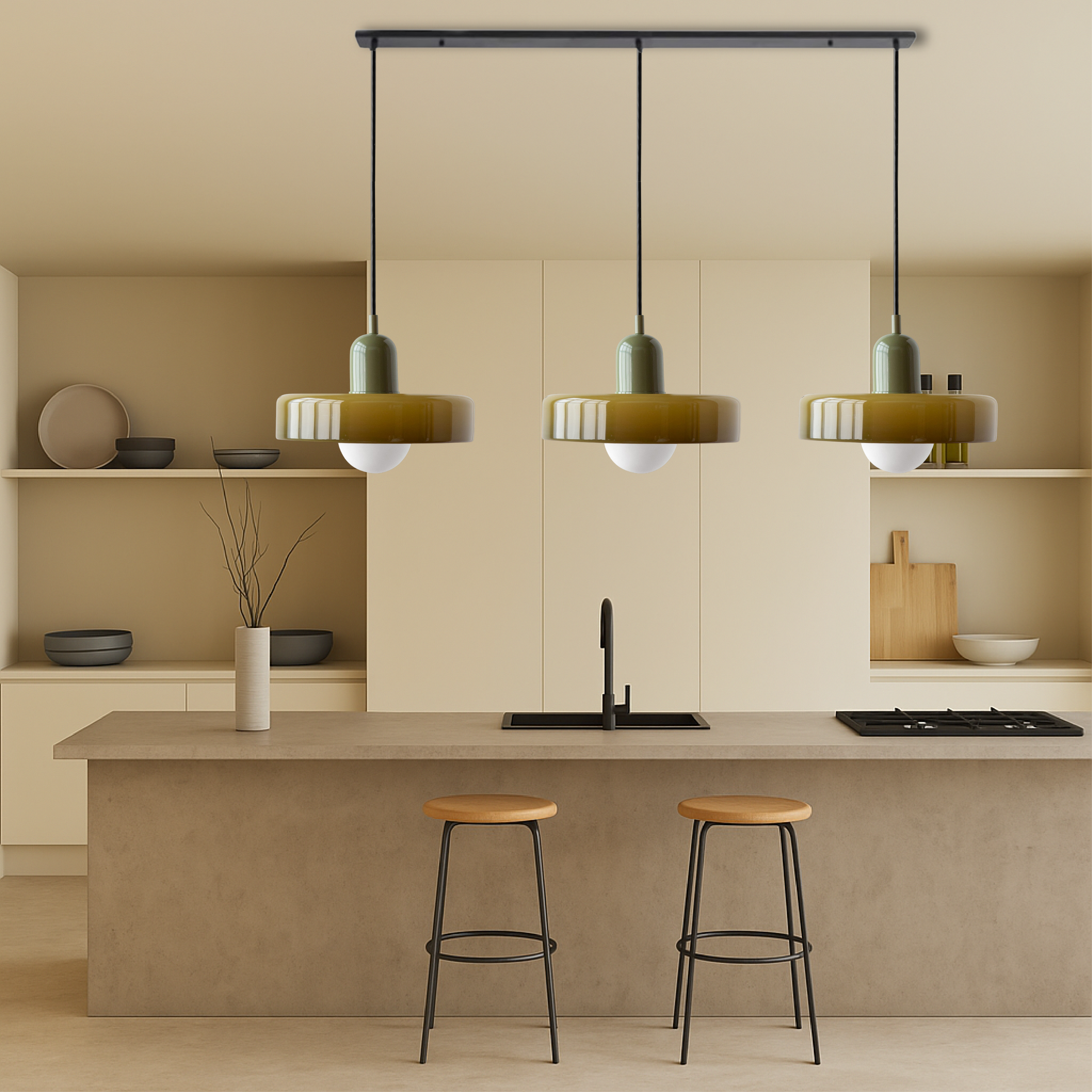 Suspension Bauhaus 3 lumières — Abat-jours en verre coloré, ampoules G9, éclairage blanc chaud