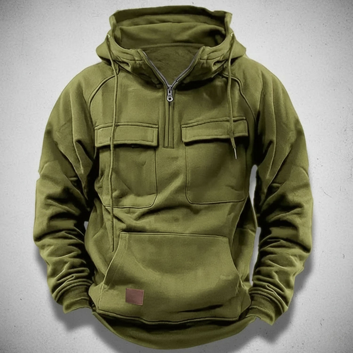 Sweat à capuche homme demi-zip avec doublure polaire brossée, poches poitrine à rabat et poche kangourou, 5 coloris, tai