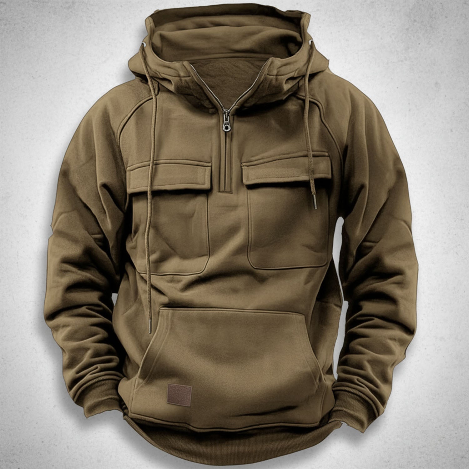 Sweat à capuche homme demi-zip avec doublure polaire brossée, poches poitrine à rabat et poche kangourou, 5 coloris, tai