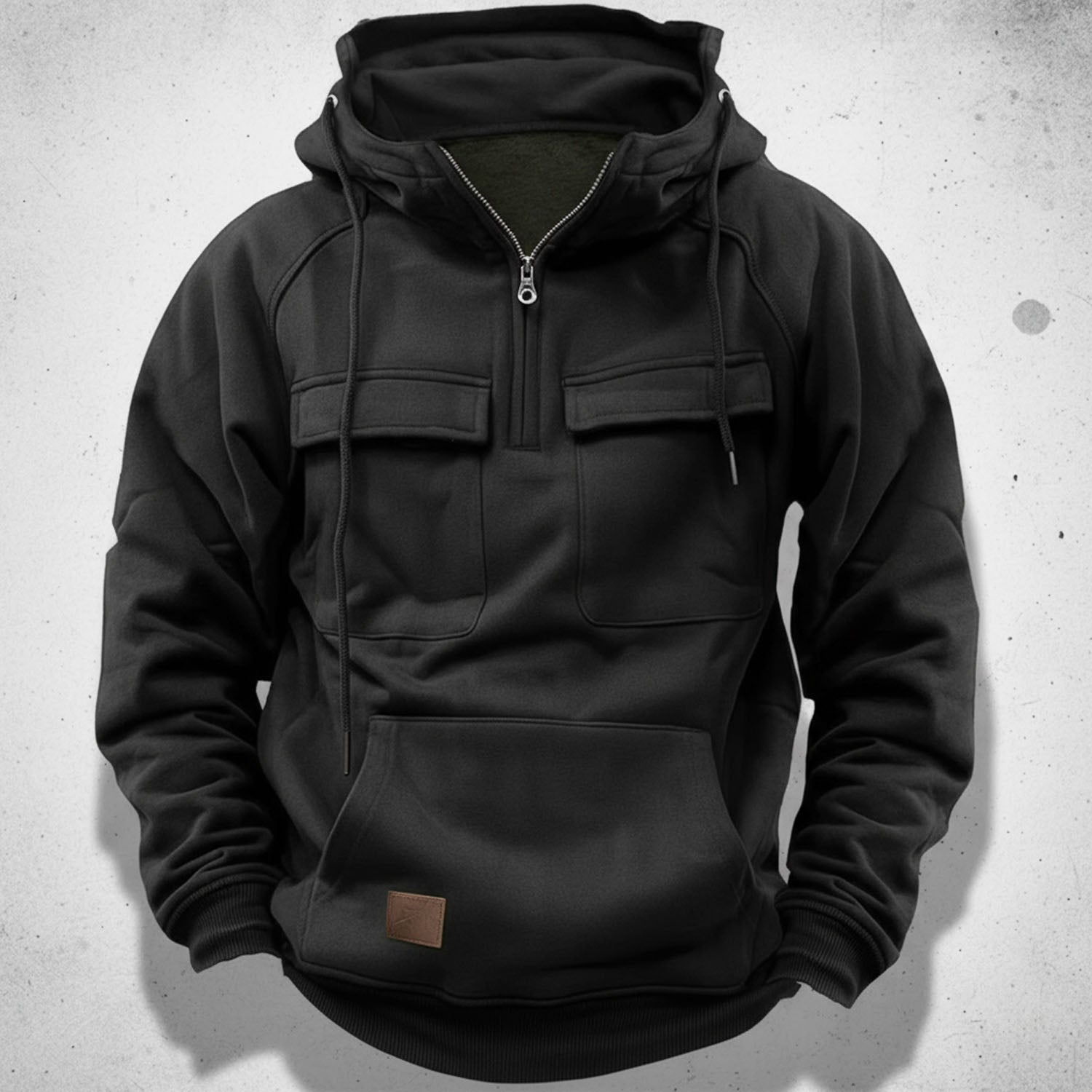 Sweat à capuche homme demi-zip avec doublure polaire brossée, poches poitrine à rabat et poche kangourou, 5 coloris, tai
