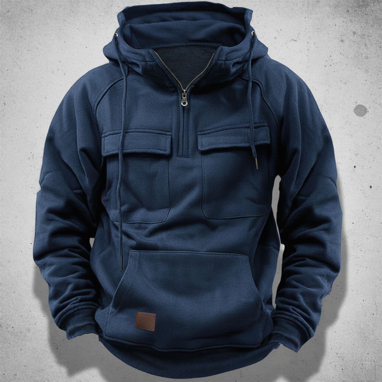 Sweat à capuche homme demi-zip avec doublure polaire brossée, poches poitrine à rabat et poche kangourou, 5 coloris, tai