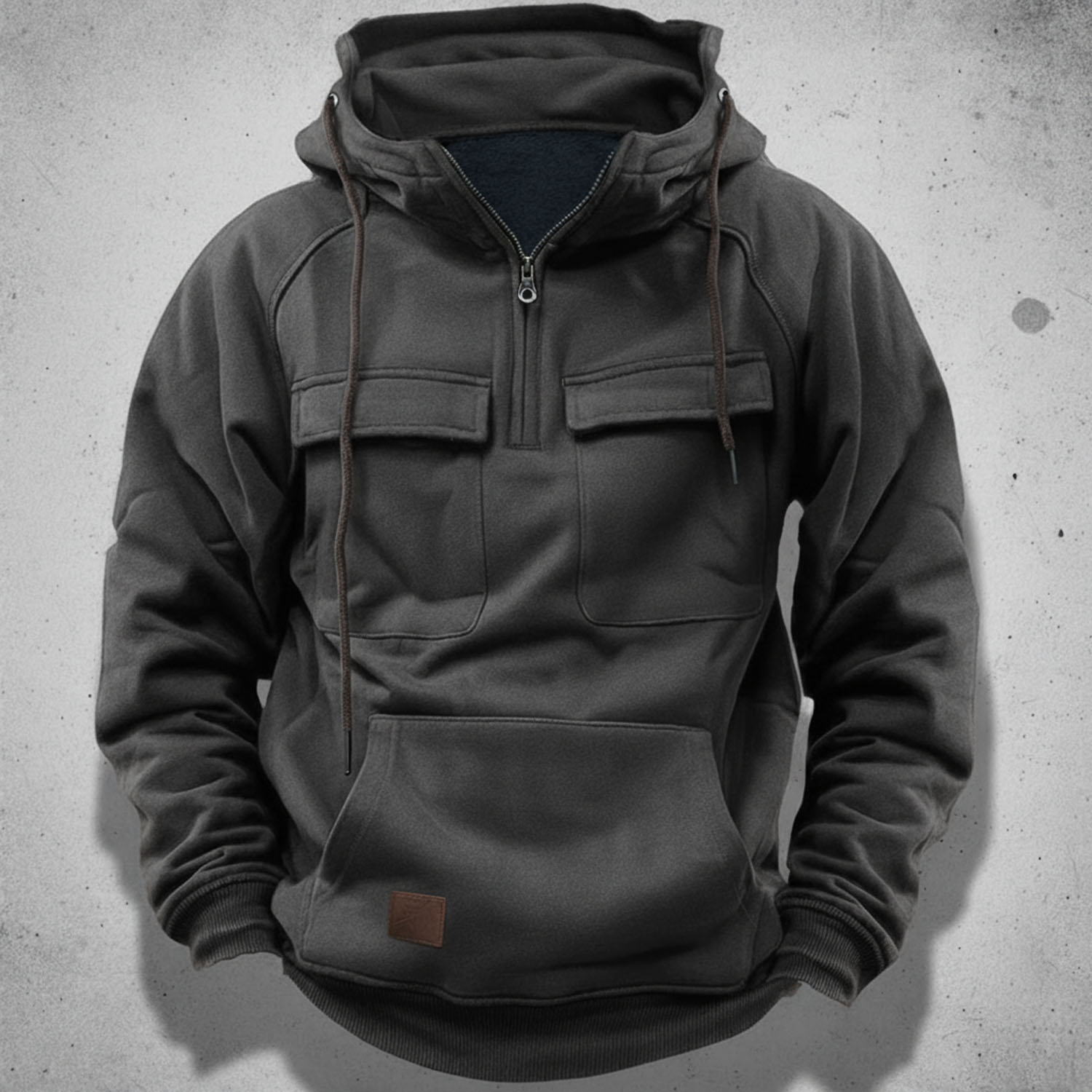 Sweat à capuche homme demi-zip avec doublure polaire brossée, poches poitrine à rabat et poche kangourou, 5 coloris, tai