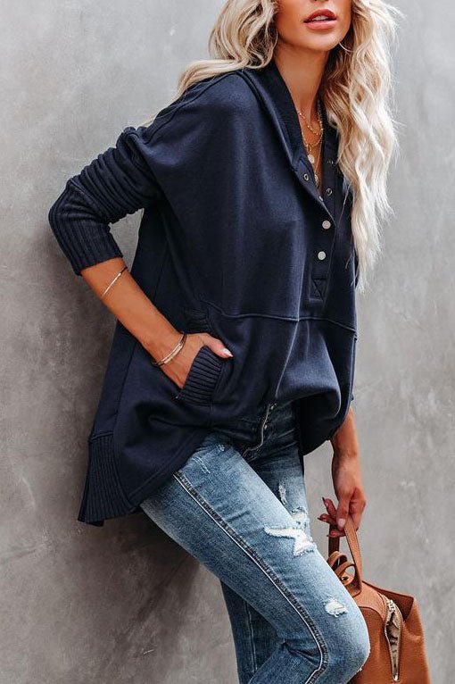 Sweat à capuche long femme, tunique oversize avec col V à pressions et poche kangourou, 8 couleurs, tailles S à 3XL