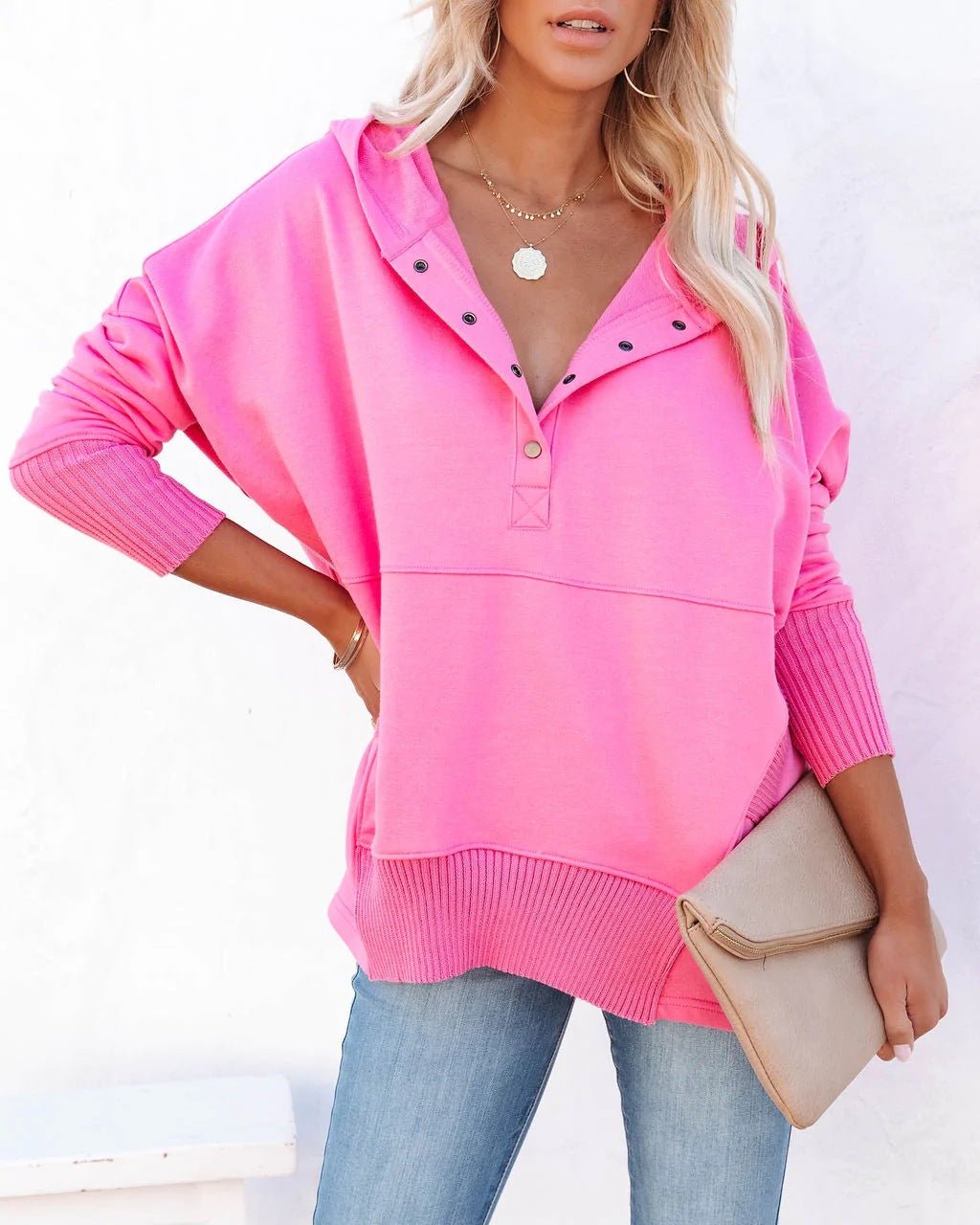 Sweat à capuche long femme, tunique oversize avec col V à pressions et poche kangourou, 8 couleurs, tailles S à 3XL