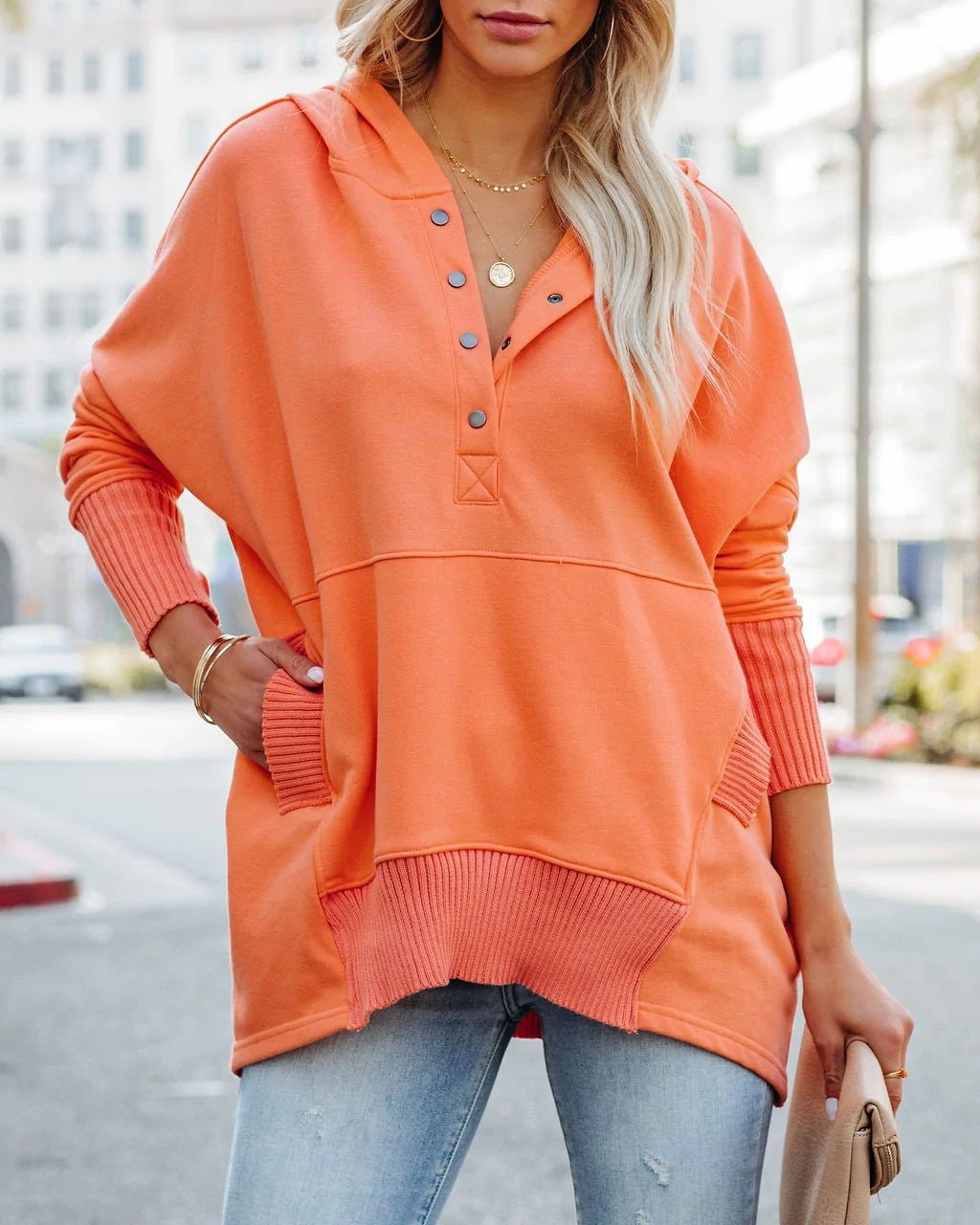 Sweat à capuche long femme, tunique oversize avec col V à pressions et poche kangourou, 8 couleurs, tailles S à 3XL