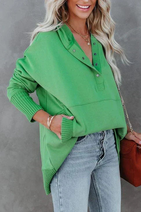 Sweat à capuche long femme, tunique oversize avec col V à pressions et poche kangourou, 8 couleurs, tailles S à 3XL