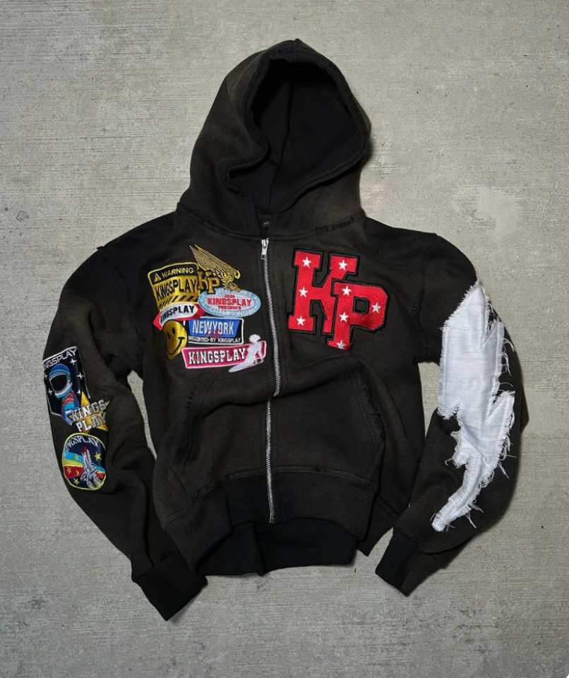Sweat à capuche zippé homme, hoodie streetwear effet délavé, patchs brodés et fermeture éclair intégrale, 4 coloris, tai