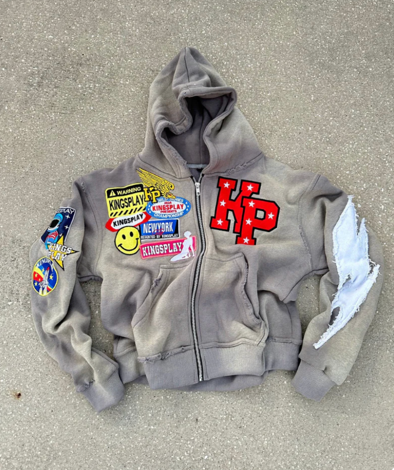 Sweat à capuche zippé homme, hoodie streetwear effet délavé, patchs brodés et fermeture éclair intégrale, 4 coloris, tai