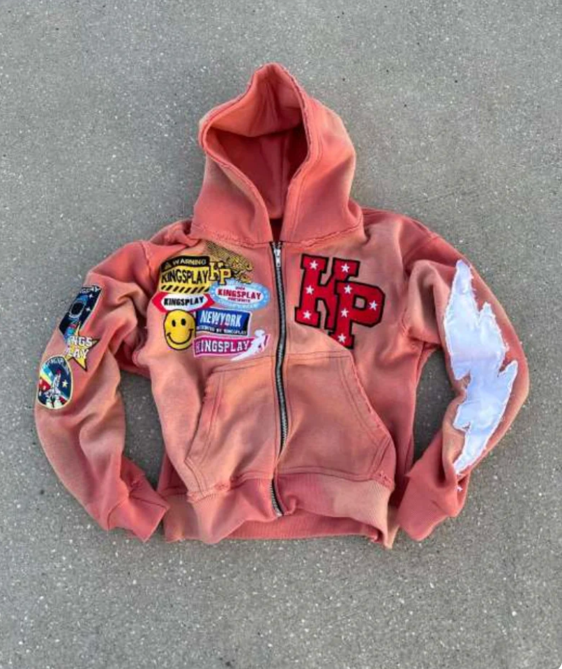 Sweat à capuche zippé homme, hoodie streetwear effet délavé, patchs brodés et fermeture éclair intégrale, 4 coloris, tai
