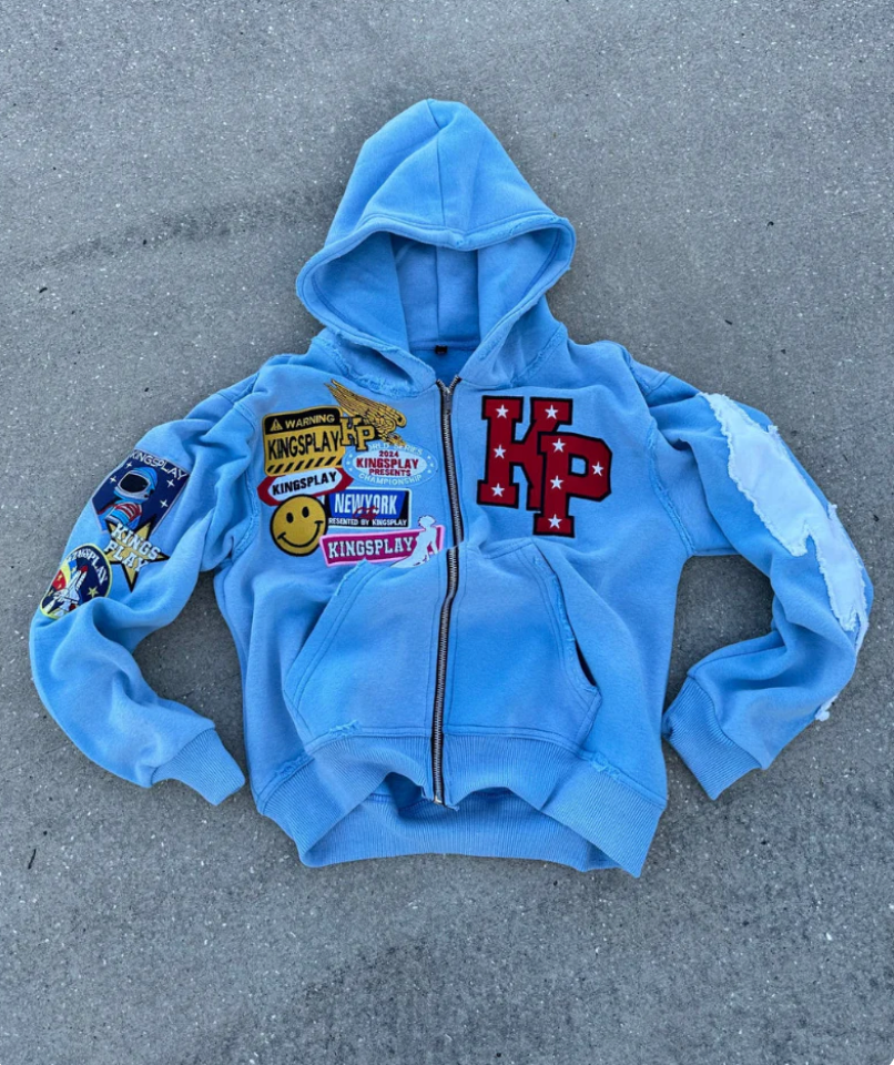 Sweat à capuche zippé homme, hoodie streetwear effet délavé, patchs brodés et fermeture éclair intégrale, 4 coloris, tai