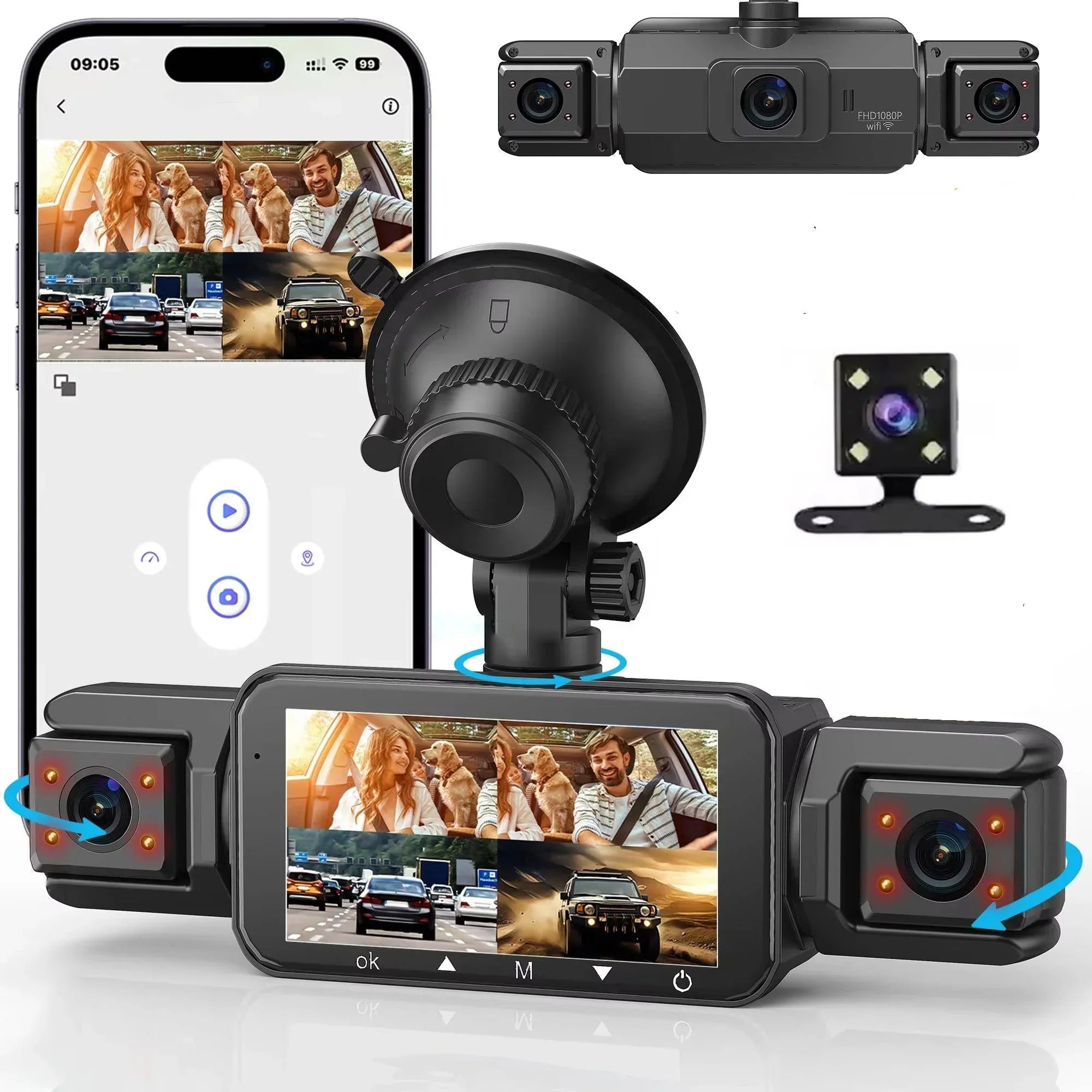Système de dashcam 4 caméras, enregistrement avant 1920P, vision nocturne, Wi-Fi