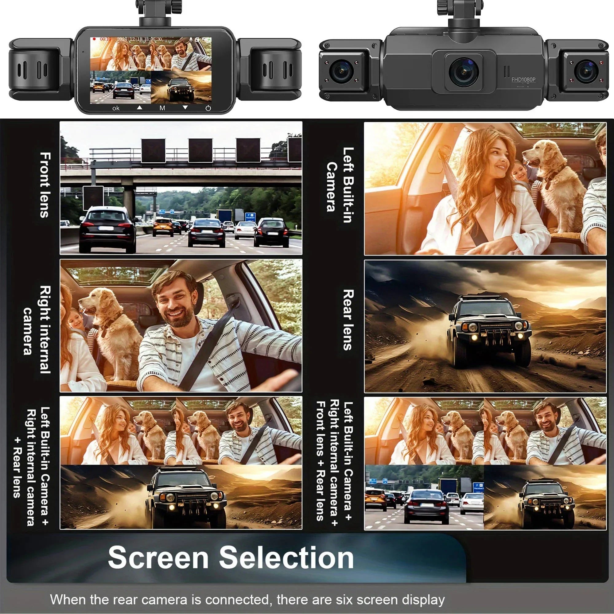 Système de dashcam 4 caméras, enregistrement avant 1920P, vision nocturne, Wi-Fi