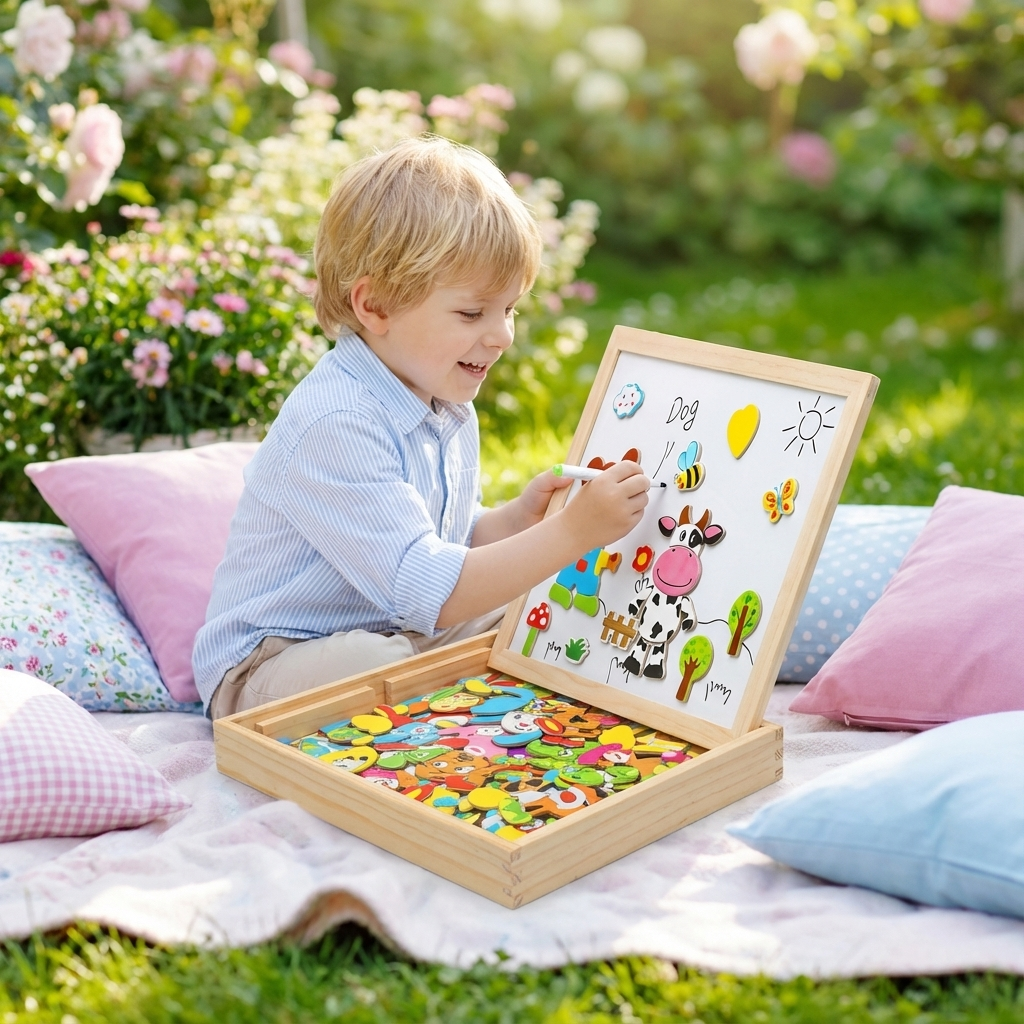 Tableau de dessin Montessori 2-en-1 en bois | Côté magnétique et côté ardoise | Apprendre les formes, couleurs et animau