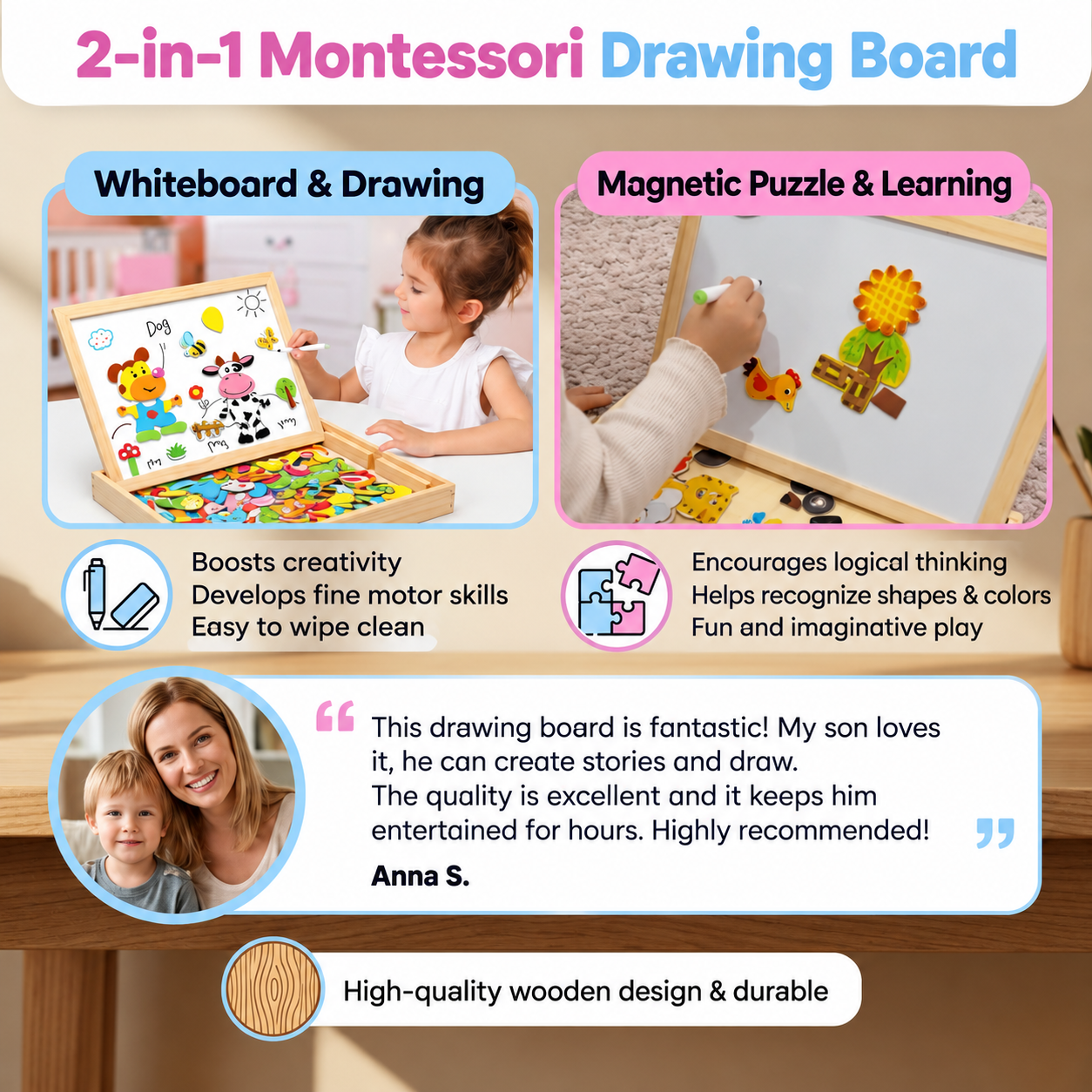 Tableau de dessin Montessori 2-en-1 en bois | Côté magnétique et côté ardoise | Apprendre les formes, couleurs et animau
