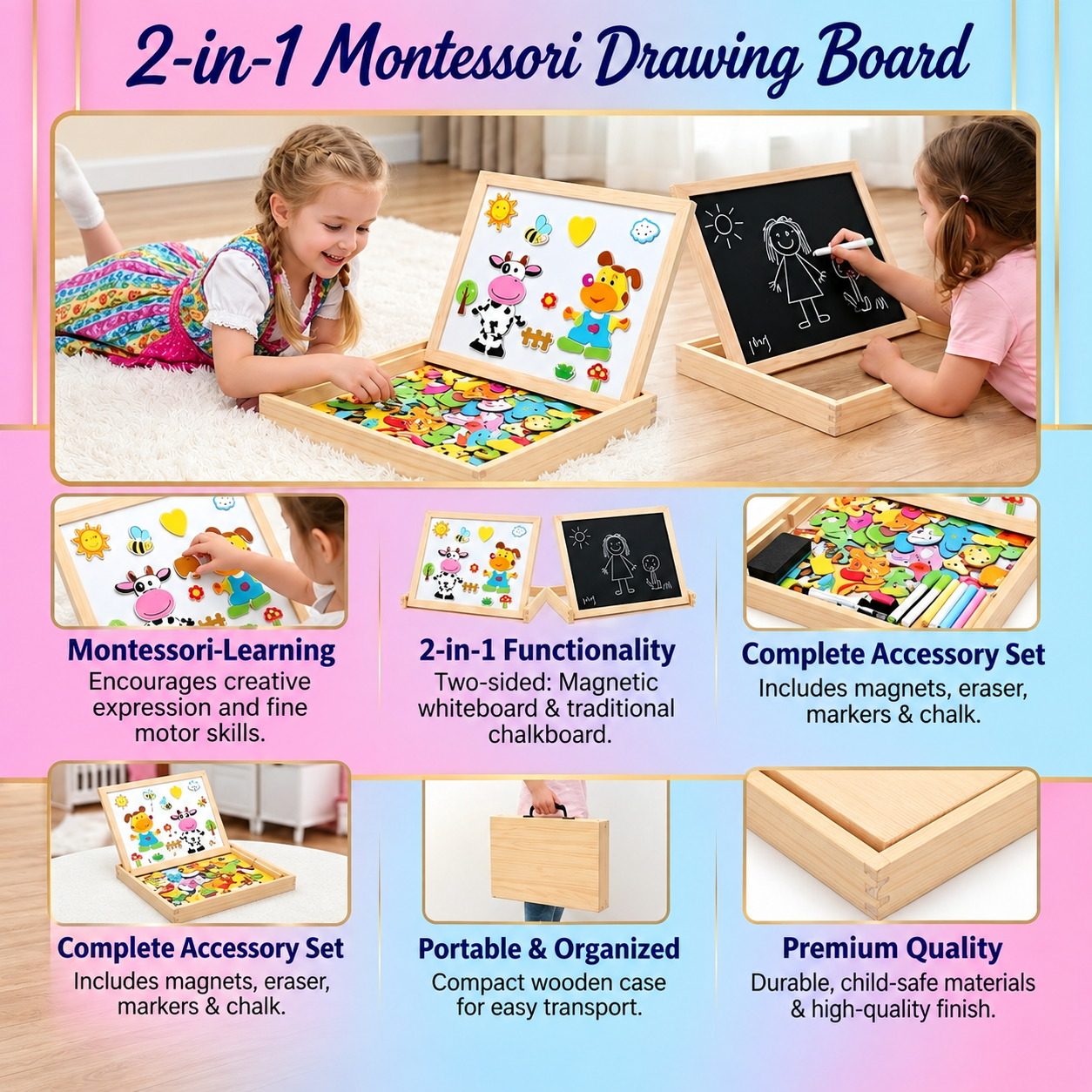 Tableau de dessin Montessori 2-en-1 en bois | Côté magnétique et côté ardoise | Apprendre les formes, couleurs et animau
