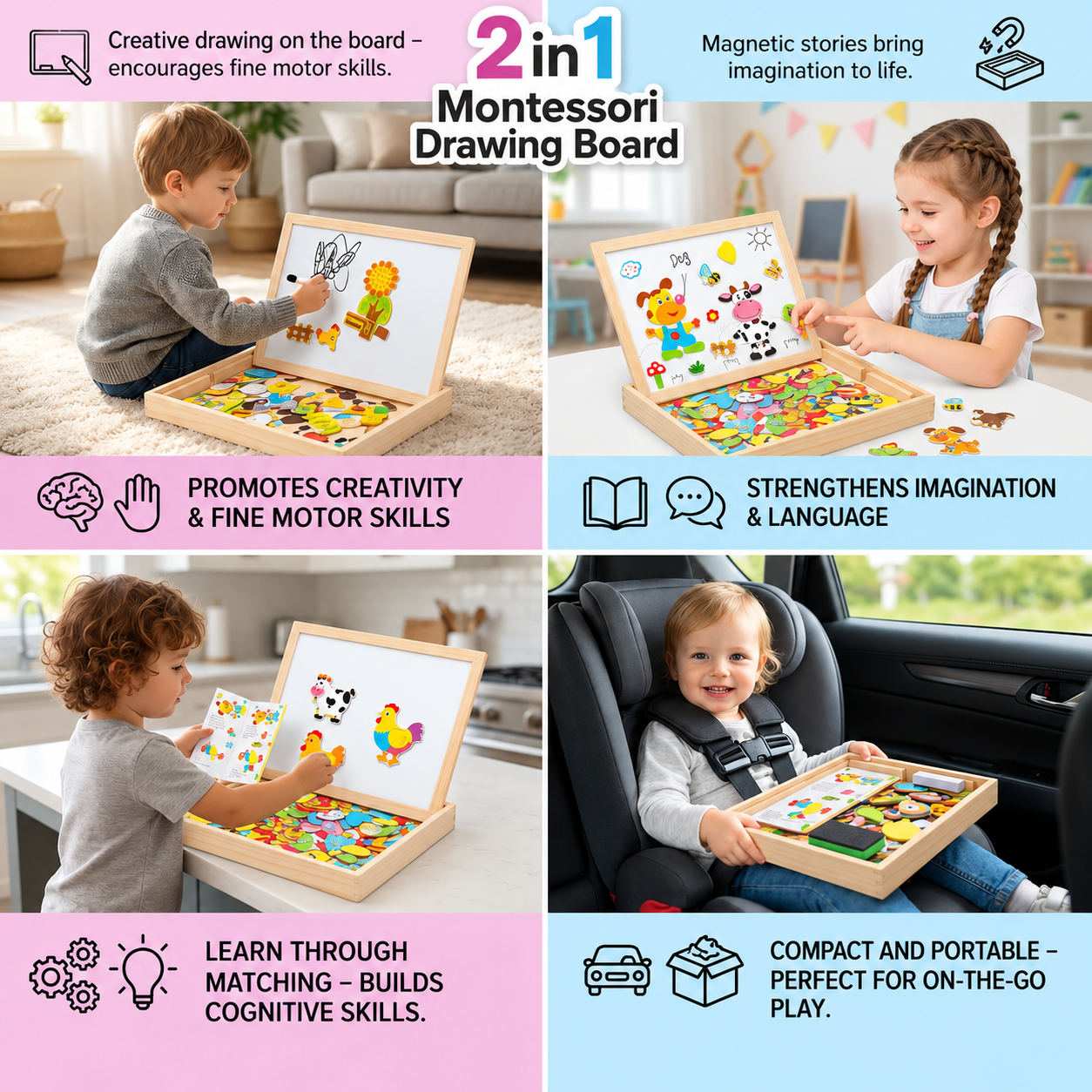 Tableau de dessin Montessori 2-en-1 en bois | Côté magnétique et côté ardoise | Apprendre les formes, couleurs et animau