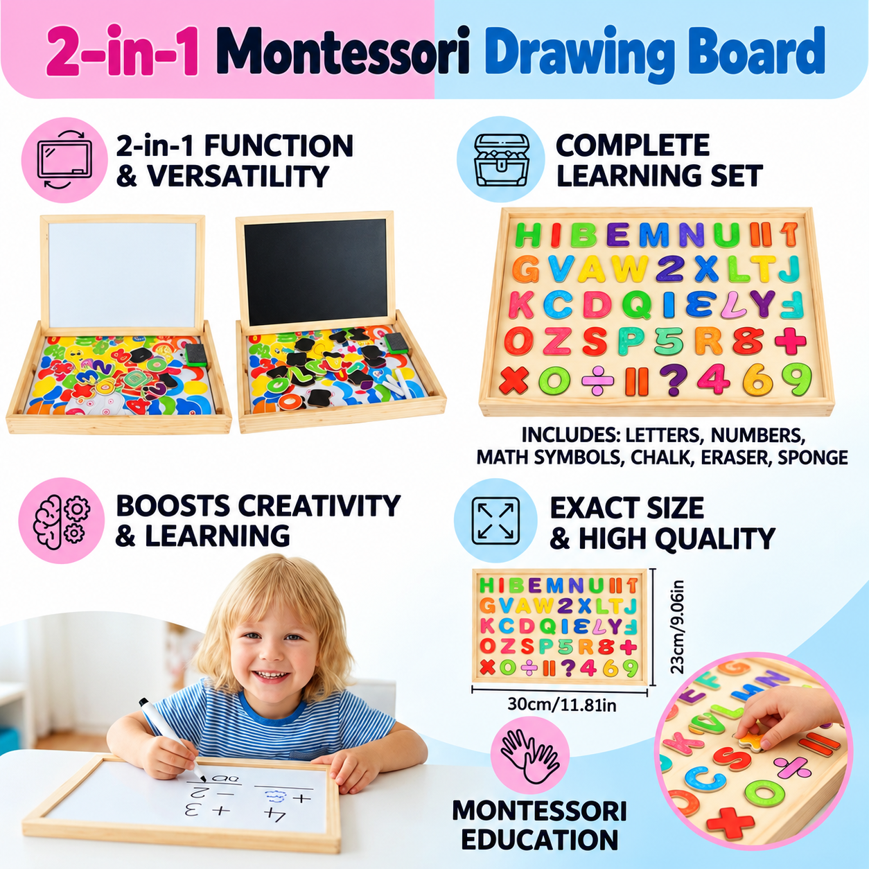 Tableau de dessin Montessori 2-en-1 en bois | Côté magnétique et côté ardoise | Apprendre les formes, couleurs et animau