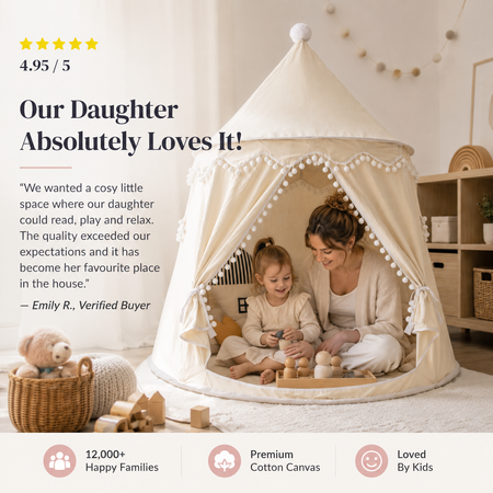 Tipi de jeu en toile pour enfants, coton 100 %, poteaux en pin, spacieux