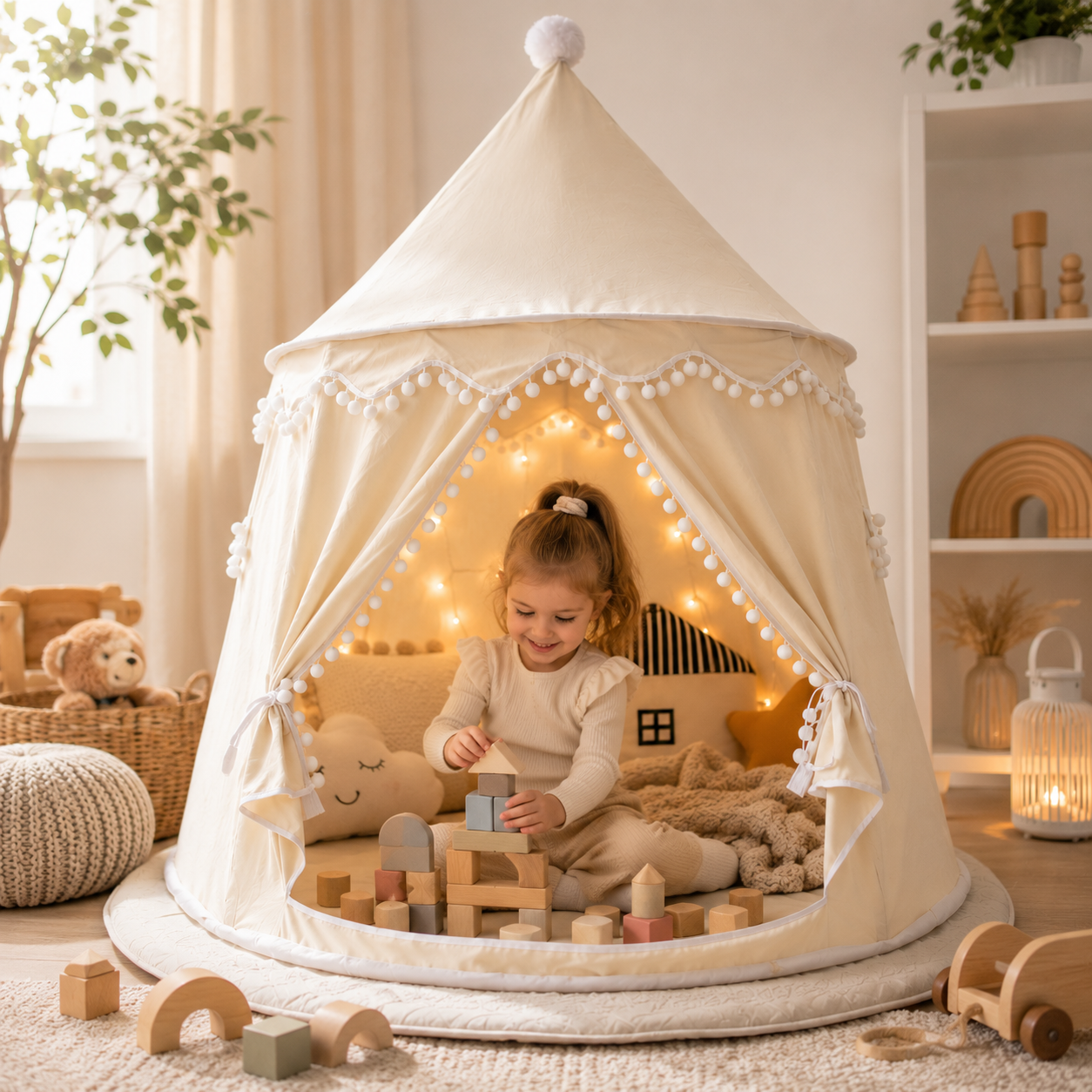 Tipi de jeu en toile pour enfants, coton 100 %, poteaux en pin, spacieux