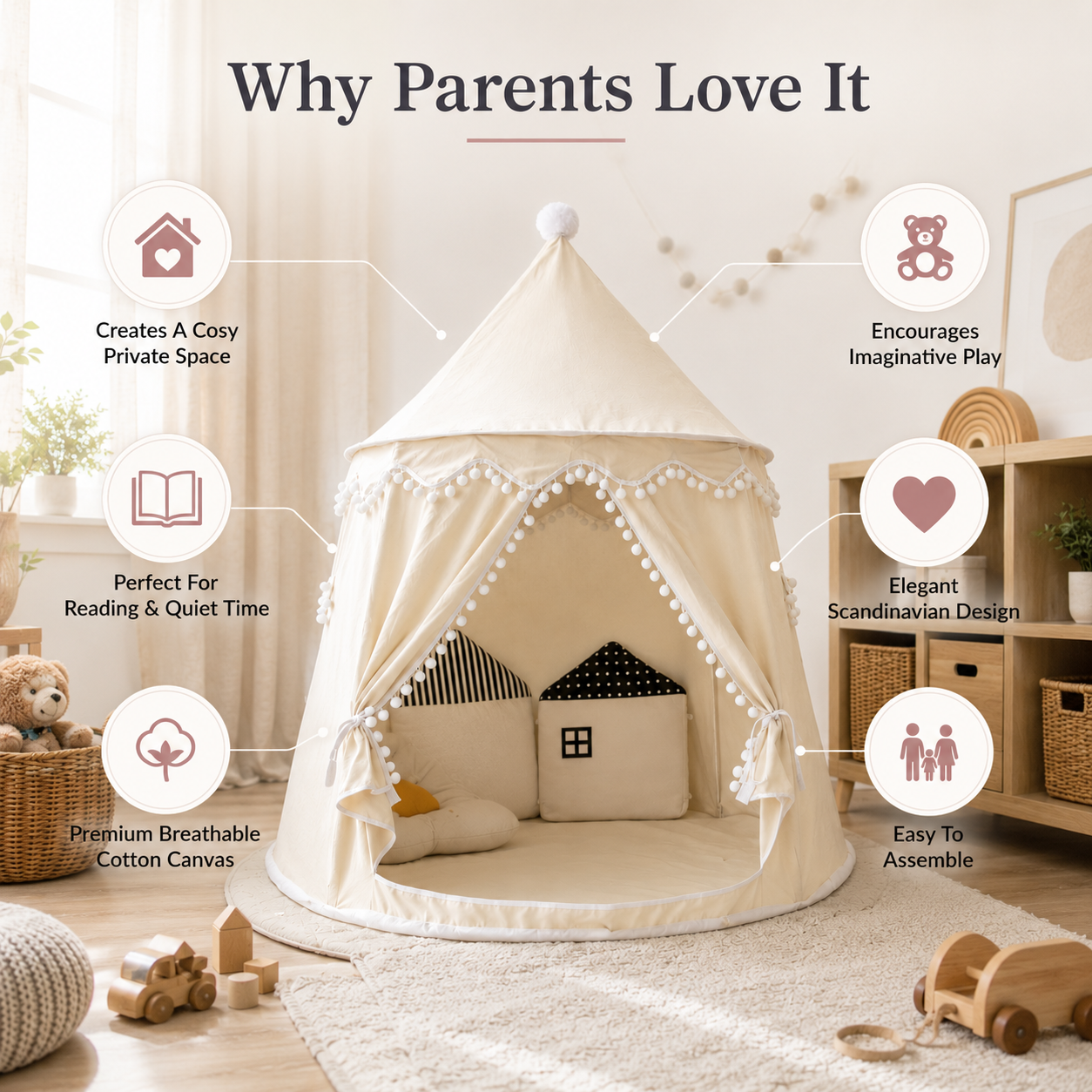 Tipi de jeu en toile pour enfants, coton 100 %, poteaux en pin, spacieux