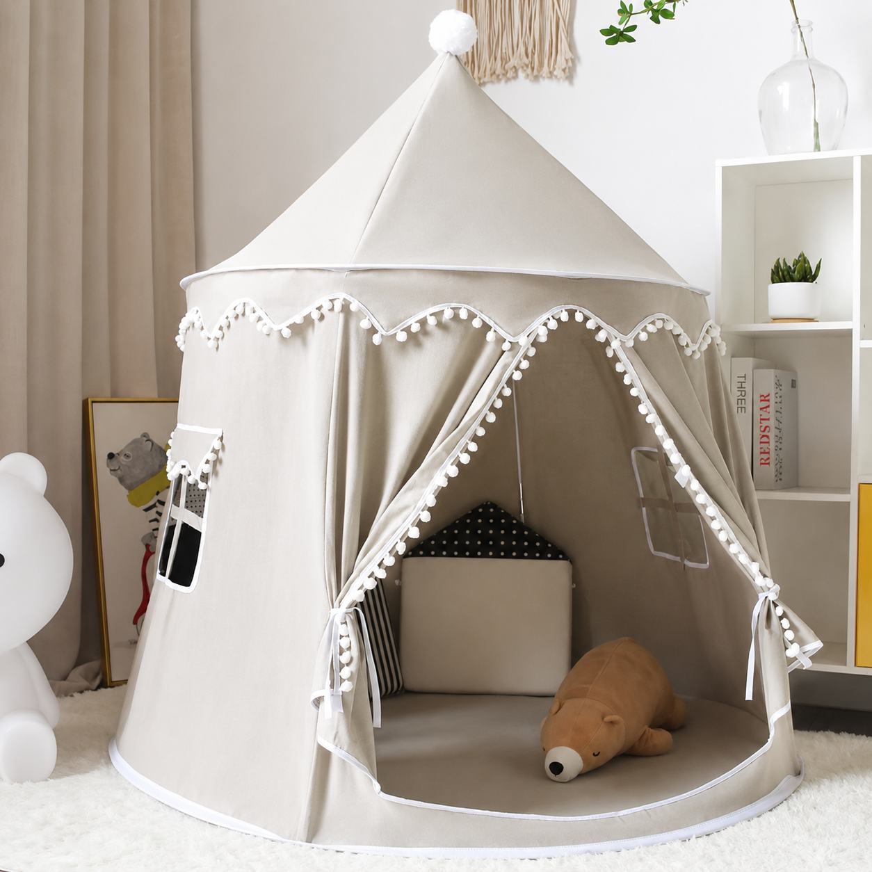 Tipi de jeu en toile pour enfants, coton 100 %, poteaux en pin, spacieux