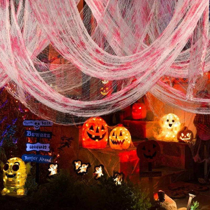 Tissu effrayant Halloween, toile déchirée à suspendre en intérieur et au jardin, noir ou blanc taché de sang, lavable, à