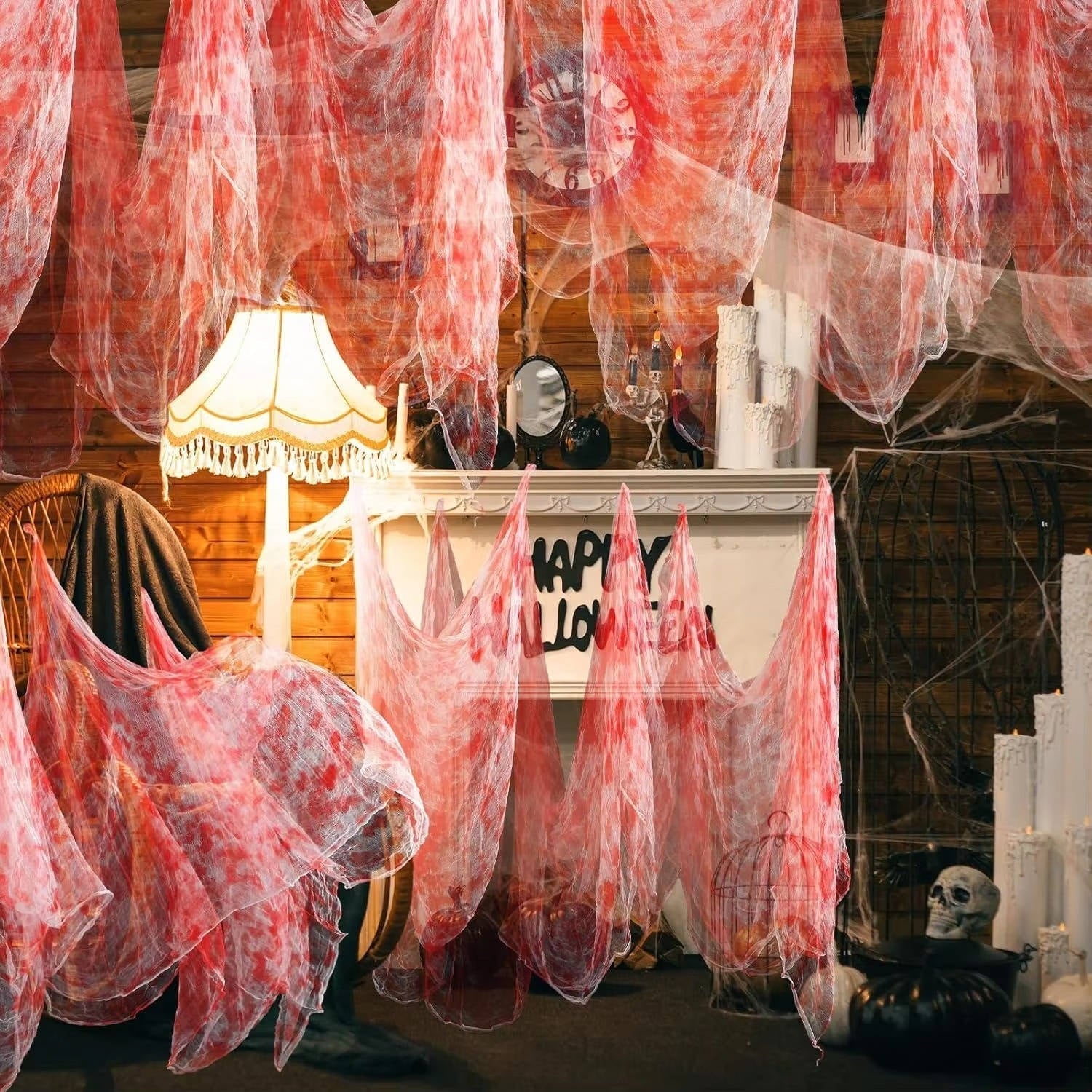 Tissu effrayant Halloween, toile déchirée à suspendre en intérieur et au jardin, noir ou blanc taché de sang, lavable, à