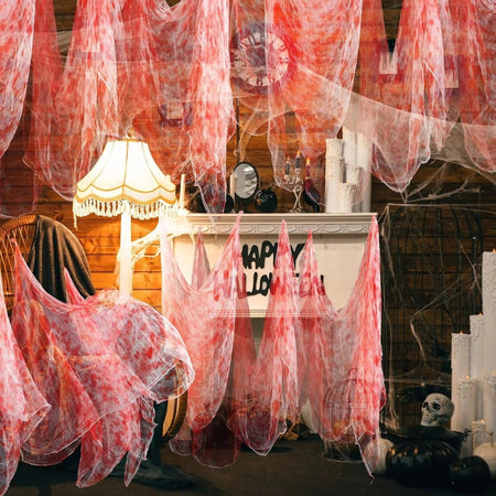 Tissu effrayant Halloween, toile déchirée à suspendre en intérieur et au jardin, noir ou blanc taché de sang, lavable, à